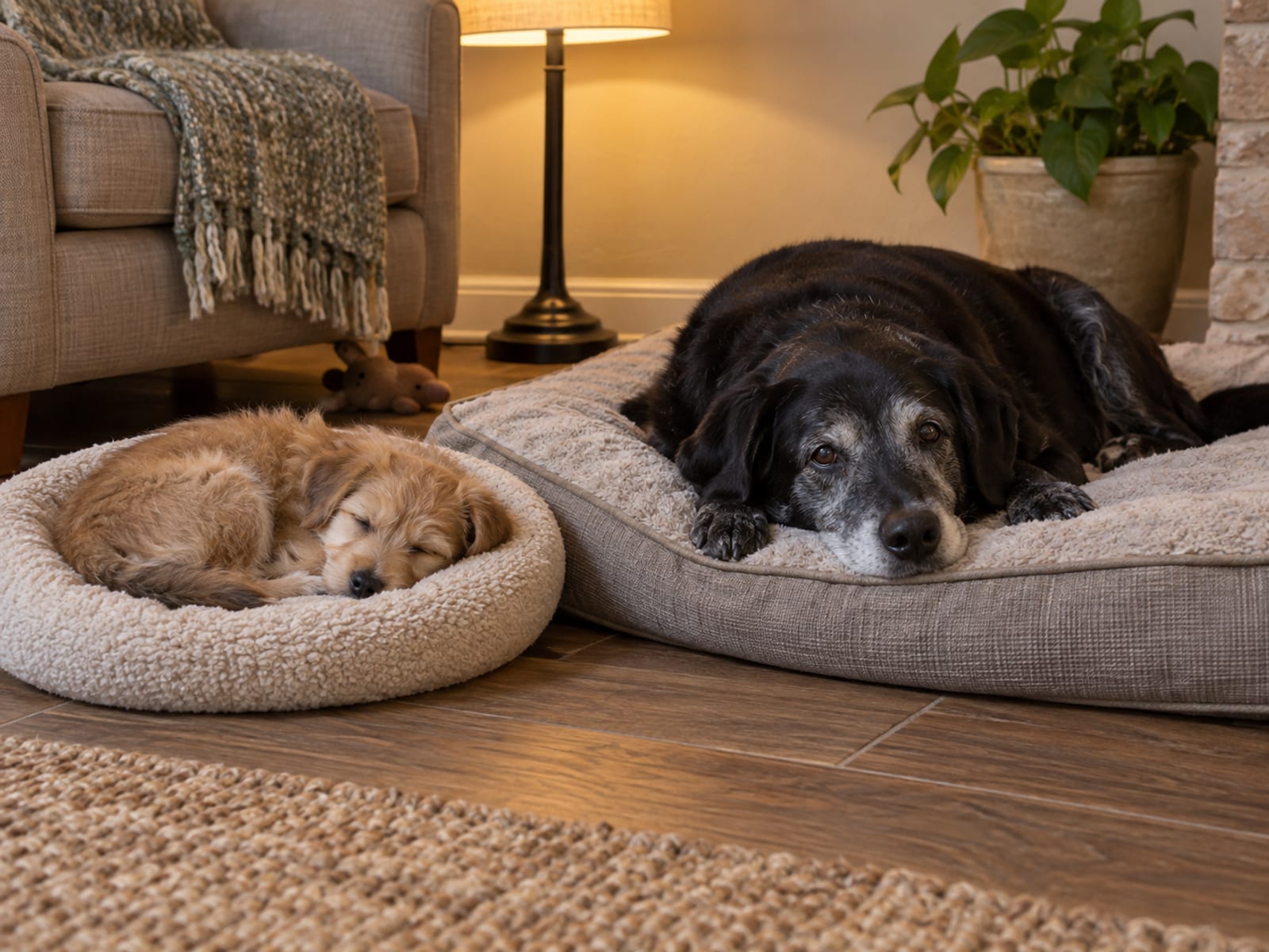 Small puppy and a grey-muzzled senior dog lying on separate dog beds in a quiet living room corner under lamplight