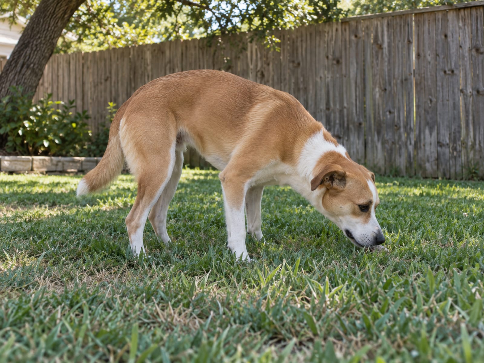 Medium mixed-breed dog standing on a backyard lawn with its head lowered and neck stretched forward