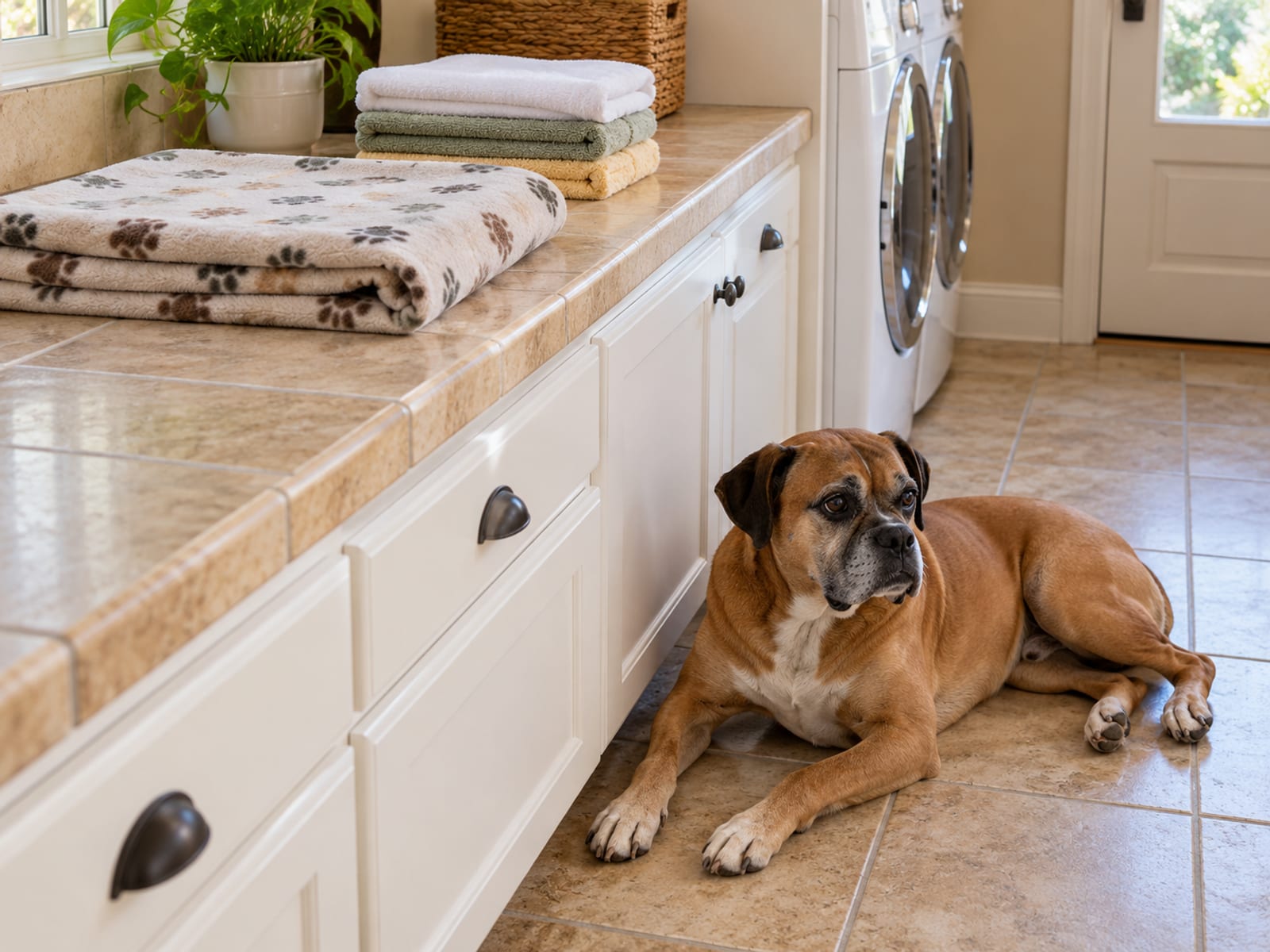 Folded washed dog blanket beside a stack of towels on a laundry room counter with a tan boxer mix lying on the tile below