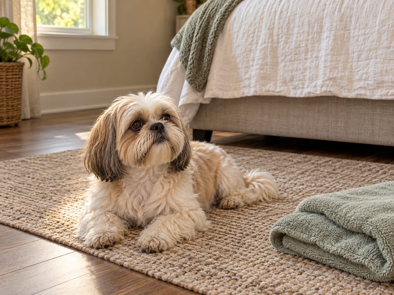 Cream and white shih tzu lying on a bedroom rug beside a plain bed with a folded towel nearby