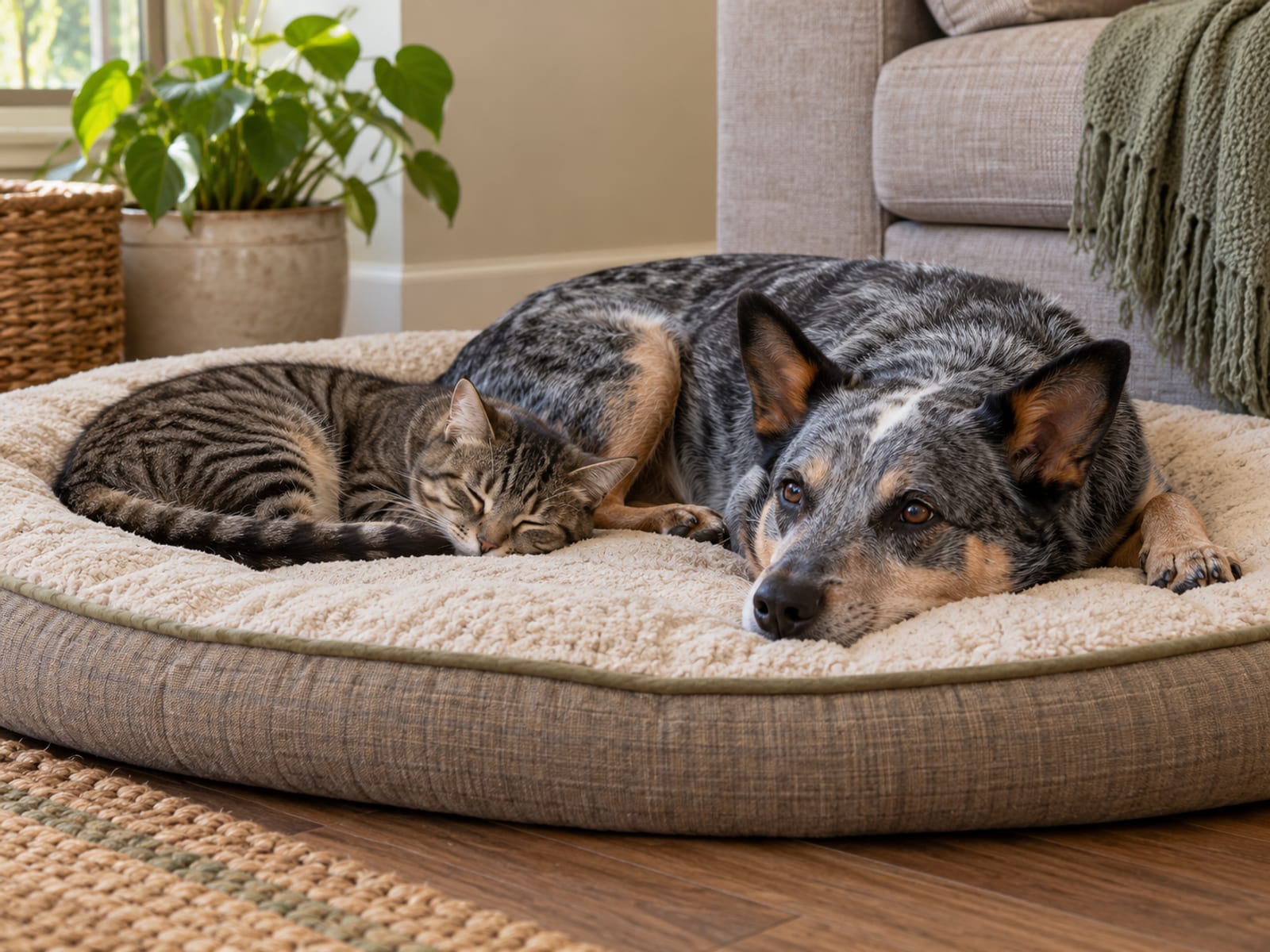 Gray tabby cat sleeping on a dog bed beside a resting blue heeler in a quiet living room