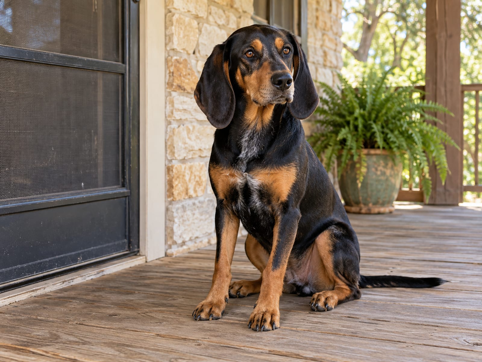 Young black and tan coonhound mix sitting on a wood porch beside a screen door with head level and relaxed