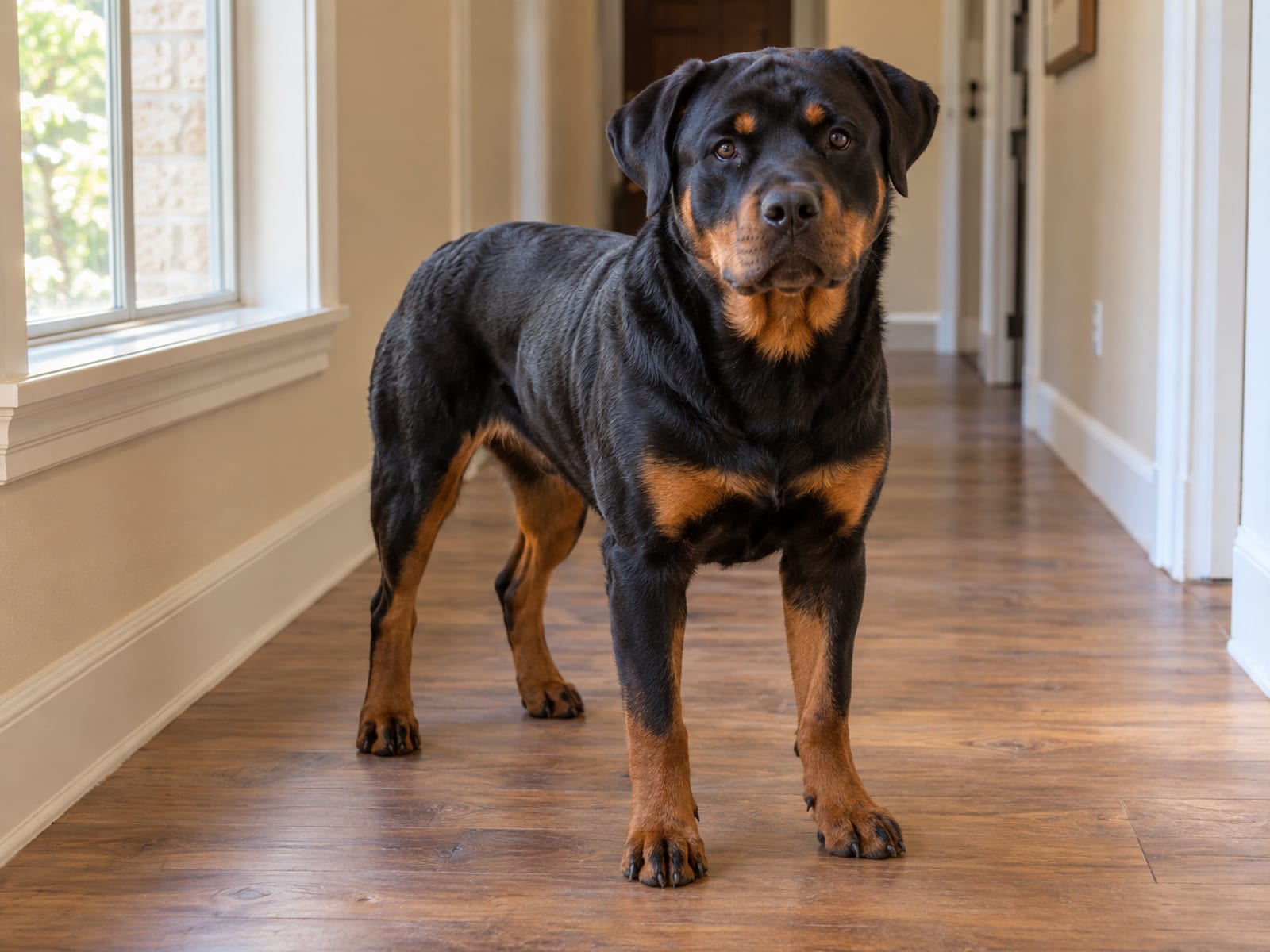 Rottweiler joven de pie y relajado en el piso tipo madera de un pasillo, con la cabeza en alto mirando a la cámara