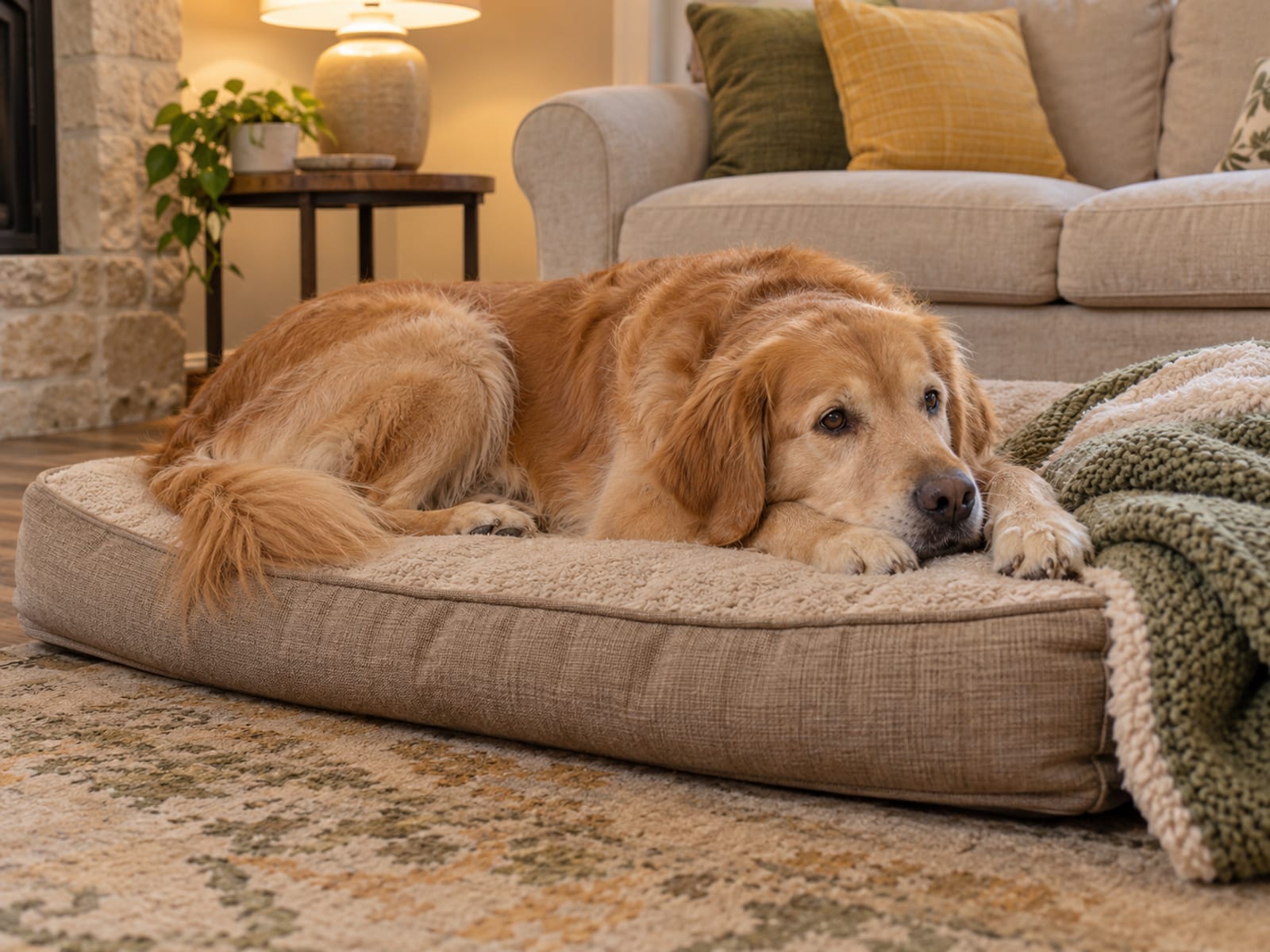 Golden retriever descansando con la cabeza sobre las patas en una cama gruesa en una sala tranquila con una cobija doblada cerca