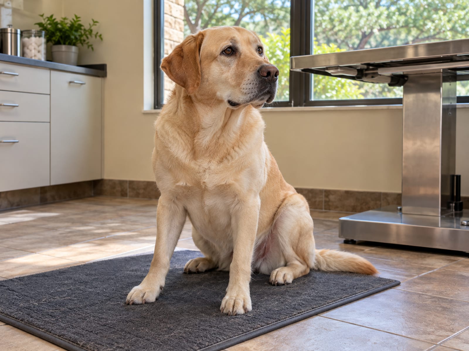 Labrador retriever sentado en un tapete antiderrapante sobre el piso de loseta de un consultorio veterinario ordenado con una mesa de acero y una ventana soleada