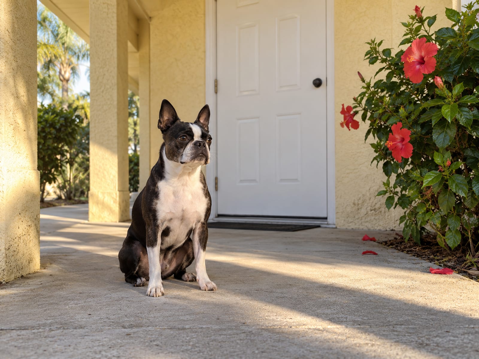 Boston terrier sitting on the covered front walkway of a single-story stucco pet-care building beside a flowering red hibiscus shrub