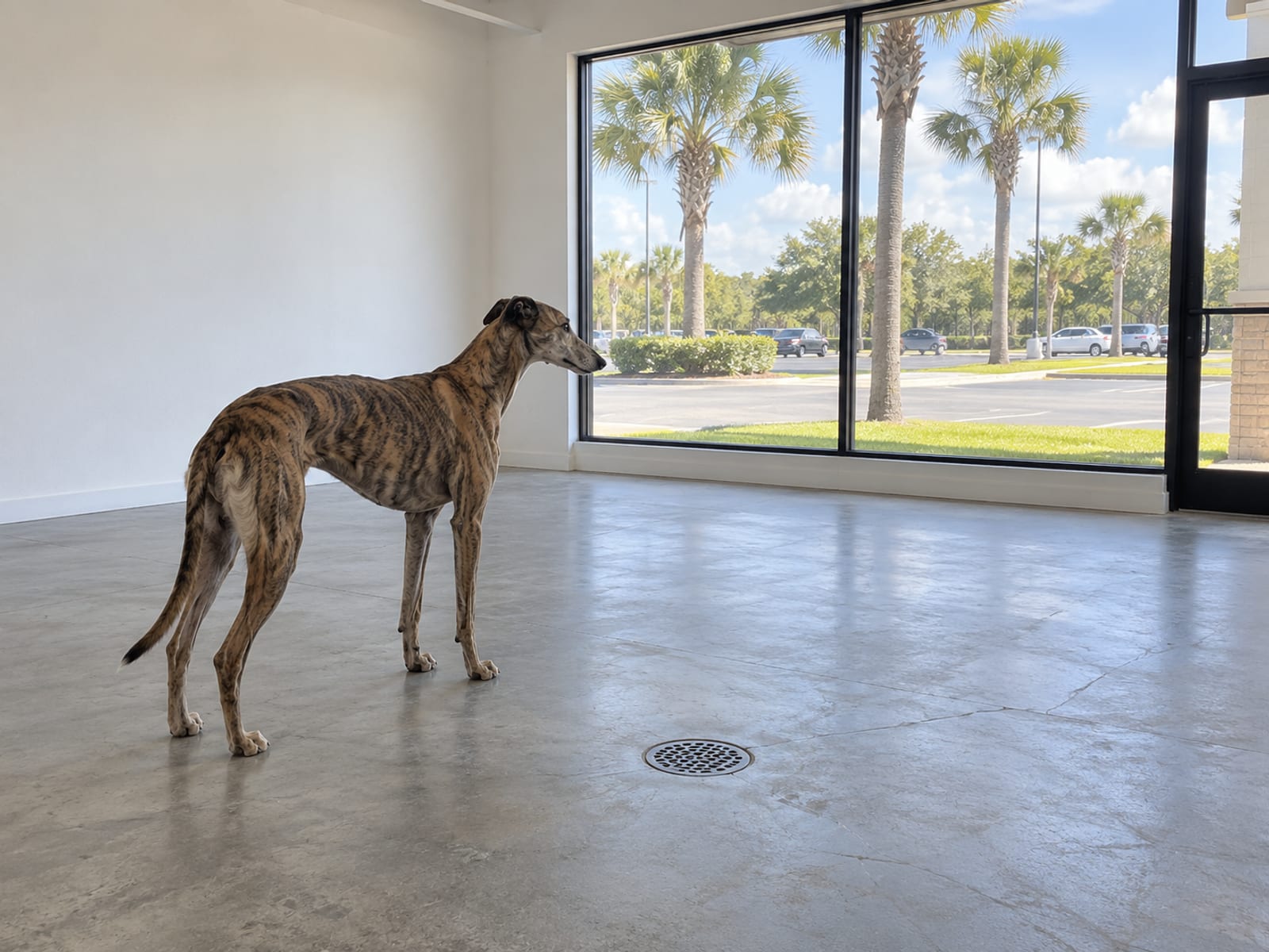 Brindle greyhound standing calmly on a bare concrete floor in an empty, freshly painted commercial unit with a wide front window onto a palm-lined parking lot