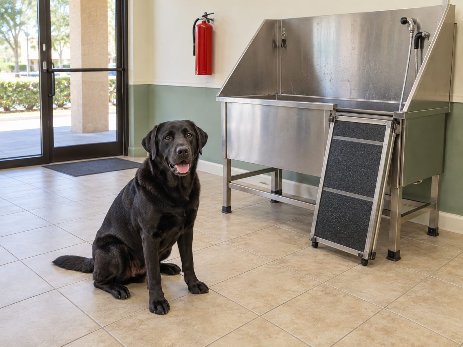 Black Labrador retriever sitting on a tile floor in an empty grooming salon beside a raised stainless steel bathing tub and a plain red fire extinguisher