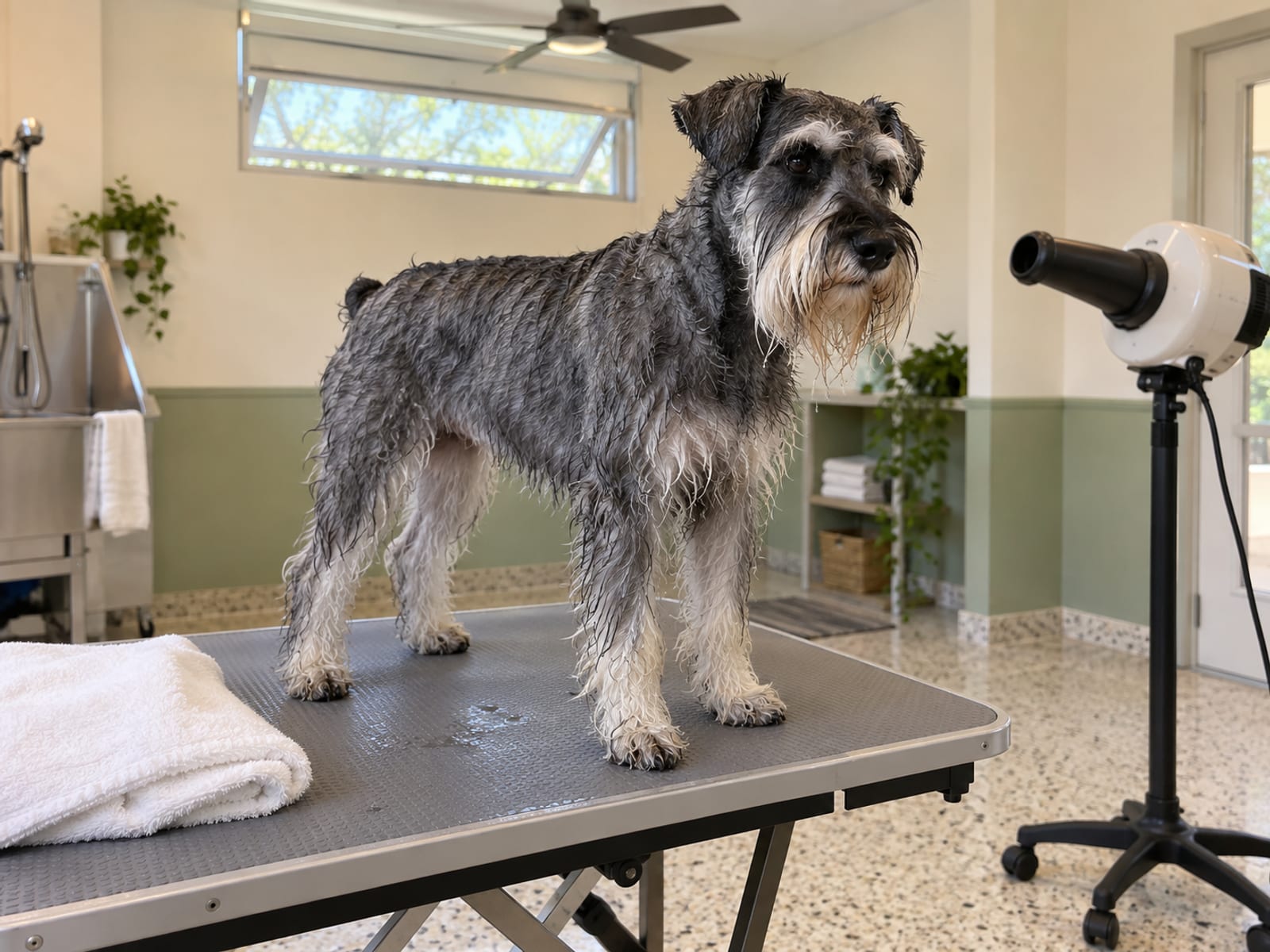 Schnauzer estándar sal y pimienta recién bañado de pie sobre una mesa de estética en un salón luminoso, con una secadora de pie inclinada hacia otro lado y una toalla doblada a su lado