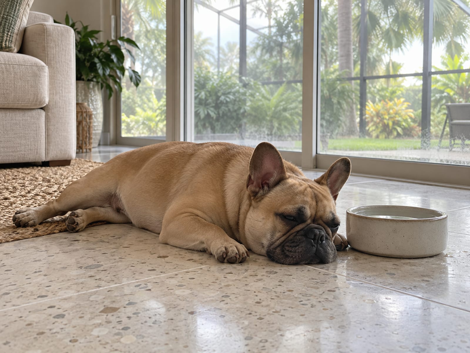French bulldog color leonado acostado sobre azulejo fresco junto a un tazón lleno de agua, en un cuarto con aire acondicionado, con puertas corredizas de vidrio detrás que muestran un patio trasero con bruma y palmeras