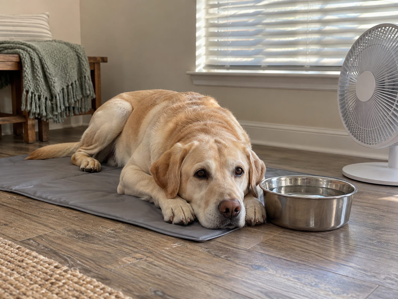 Labrador retriever amarillo acostado tranquilo sobre un tapete refrescante en un cuarto sombreado, con un ventilador de pie cerca y un tazón lleno de agua a su lado
