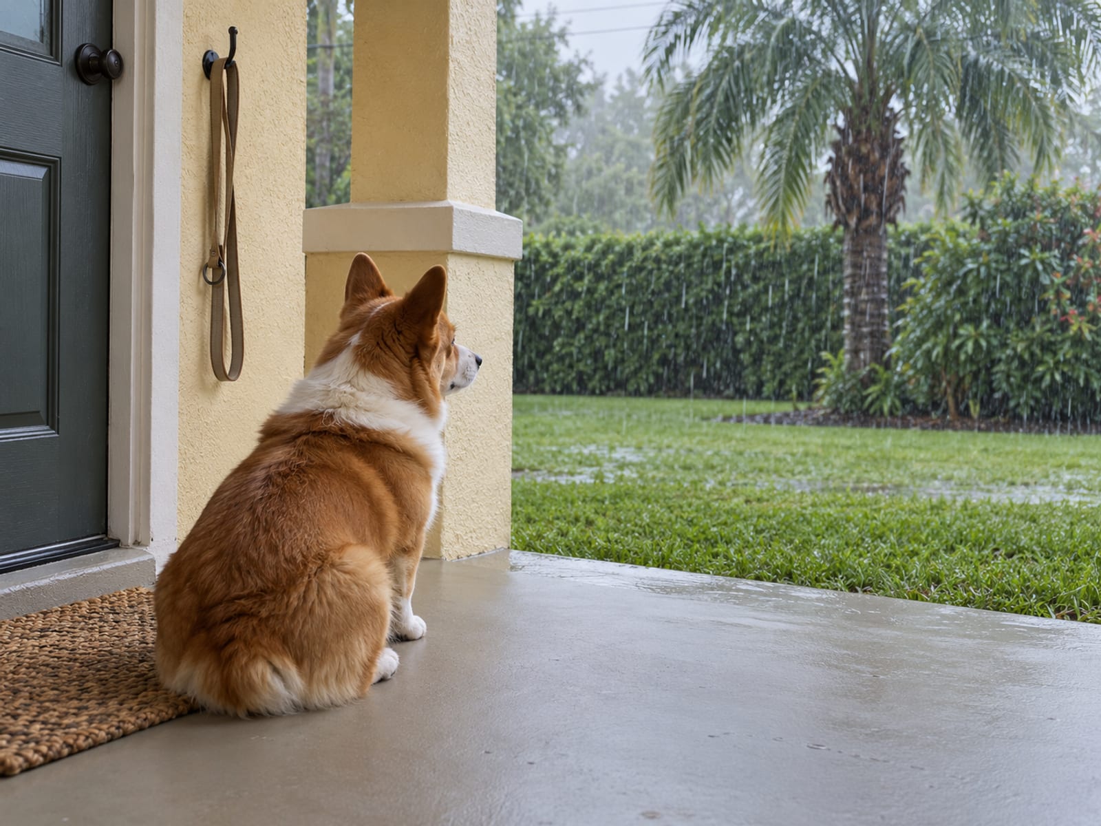 Corgi Pembroke rojo y blanco sentado en el porche techado y seco de un bungalow de Florida, mirando cómo cae una lluvia constante sobre el pasto, con una correa colgada de un gancho junto a la puerta