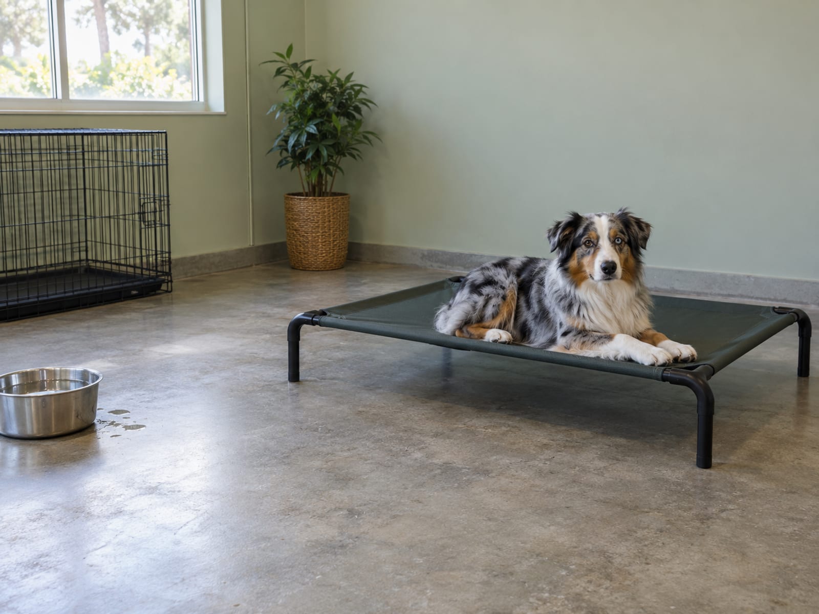 Australian shepherd resting on a raised cot in a clean, spacious boarding room beside a water bowl and a closed wire crate
