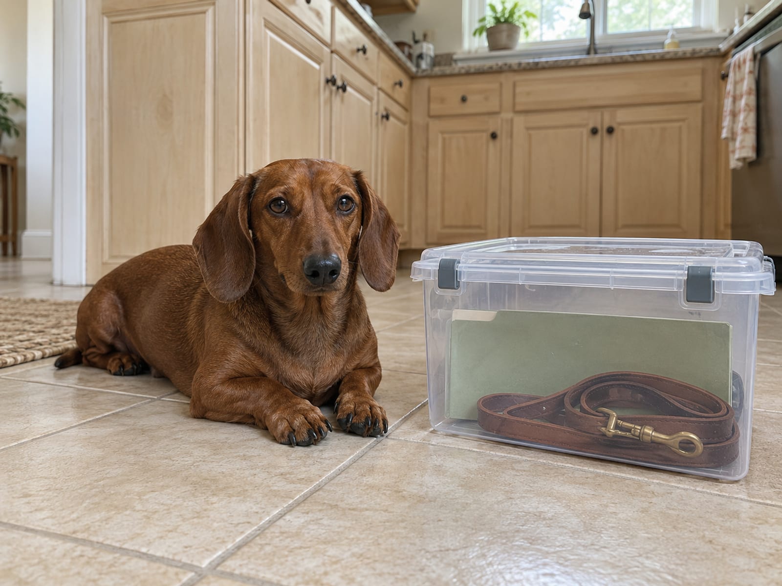 Dachshund lying on a kitchen floor beside a clear waterproof box holding a plain folder and a rolled leash