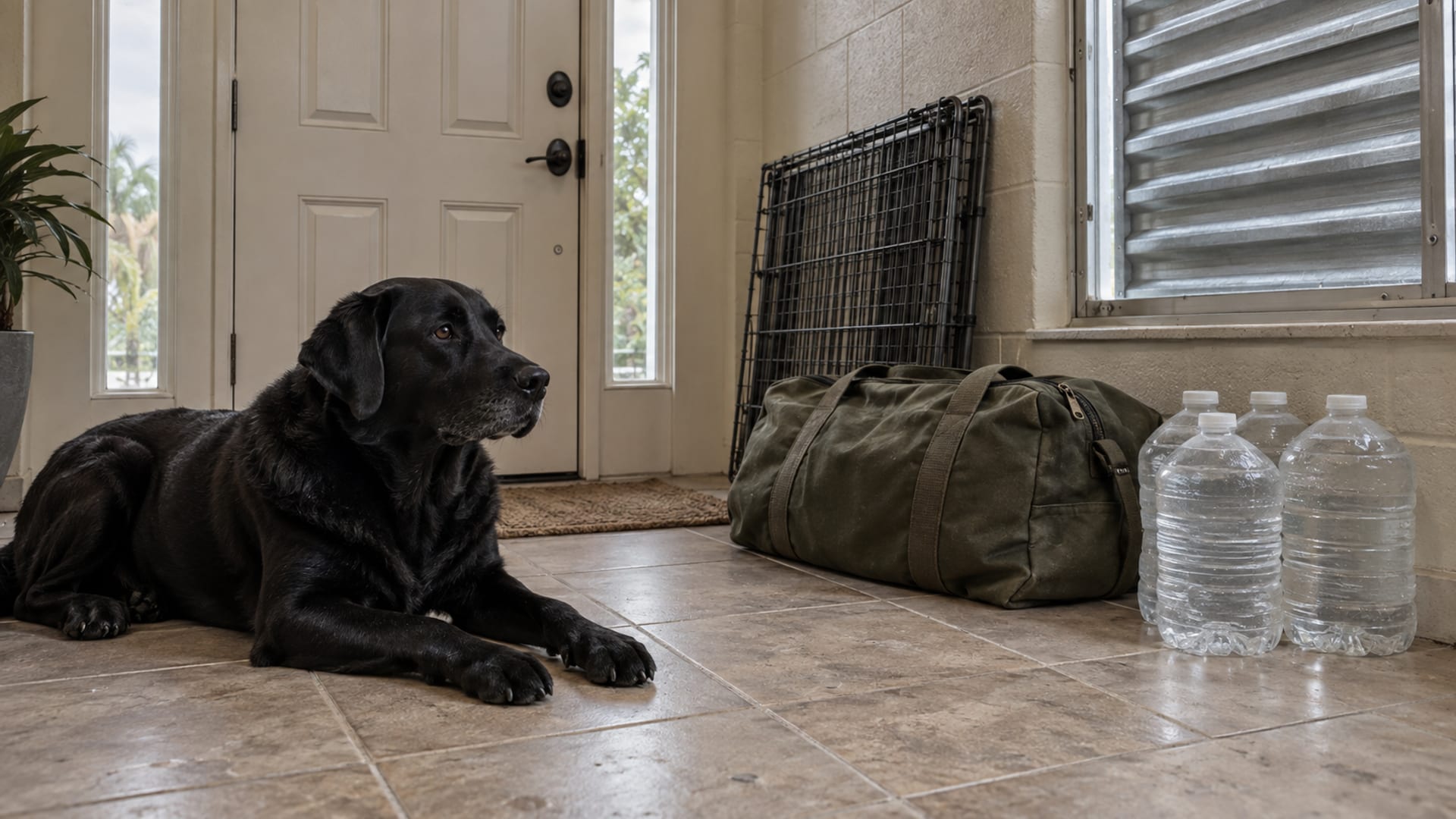 Labrador retriever lying beside a packed duffel bag, a folded crate and water jugs inside the front door of a shuttered house