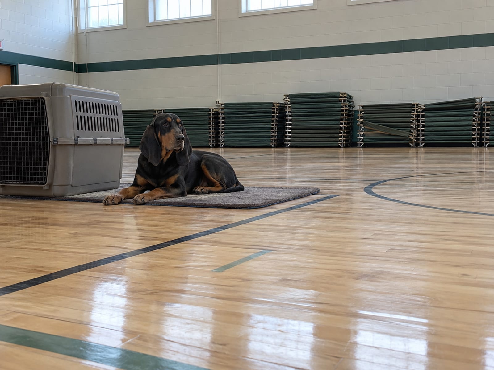 Black and tan coonhound lying on a mat beside a closed crate in a quiet empty school gym with folded cots along the wall