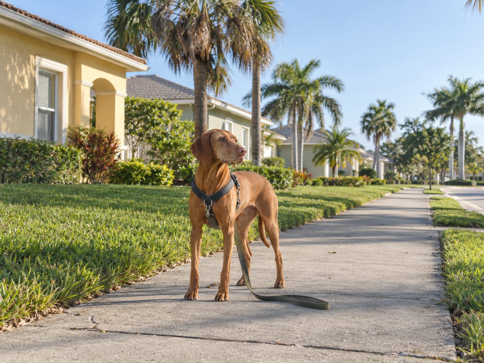 Vizsla on a slack leash on a quiet suburban street lined with stucco houses and palms