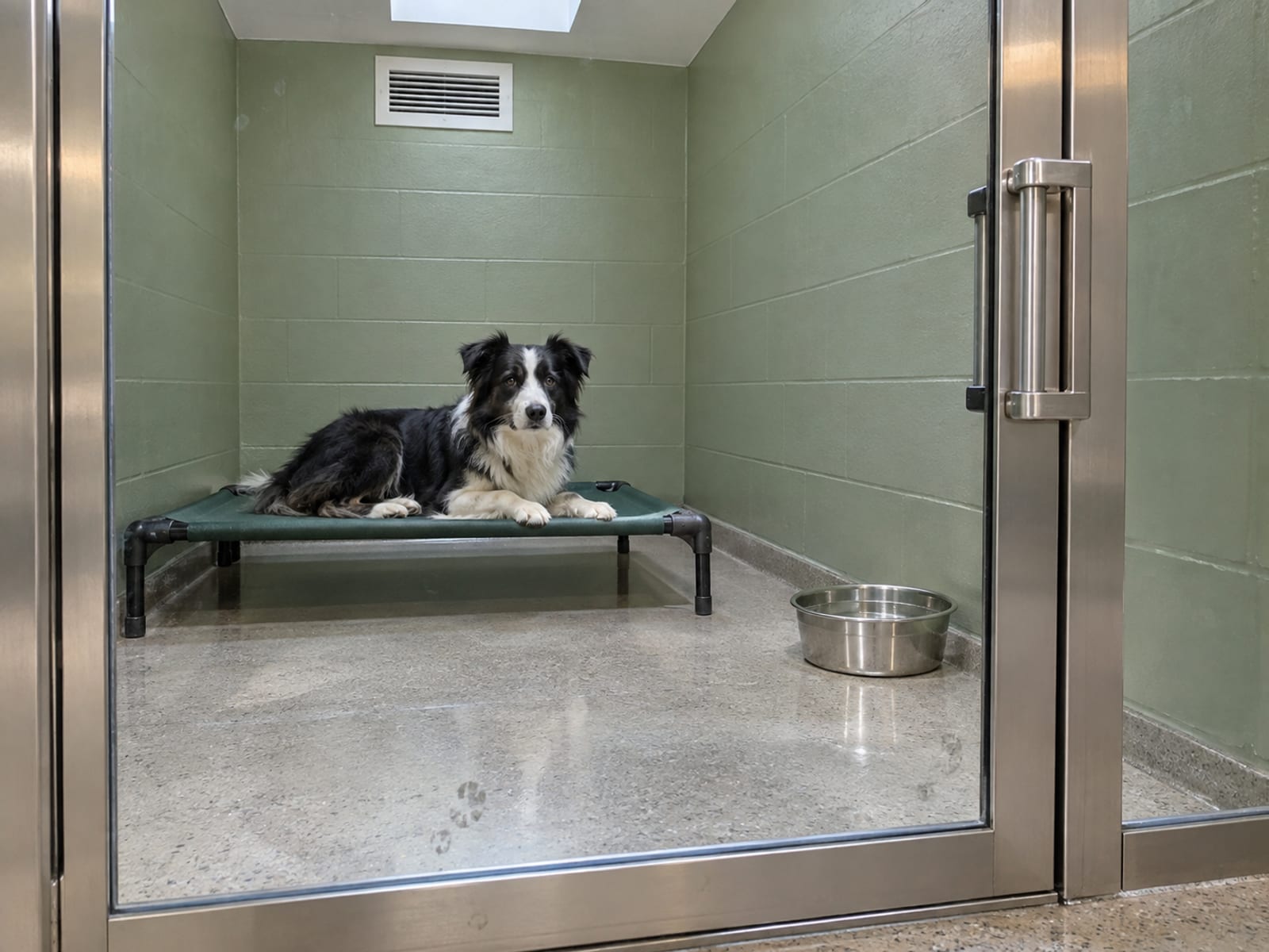 Border collie lying in a clean, quiet indoor kennel run with a glass door, an air vent above and a water bowl