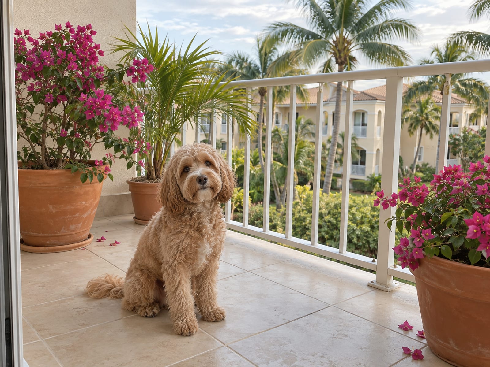 Cockapoo sitting on a tiled condo balcony with a plain railing, potted plants, and low-rise buildings and palms beyond