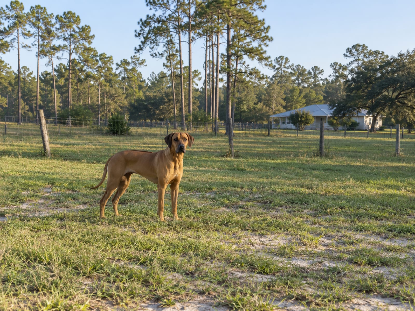 Rhodesian ridgeback standing on a wide lawn of a large fenced rural property with slash pines and a distant house