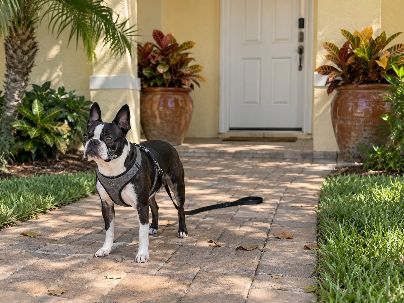Boston terrier con arnés esperando en el camino de entrada sombreado de una casa de un piso de estuco, con crotones en maceta