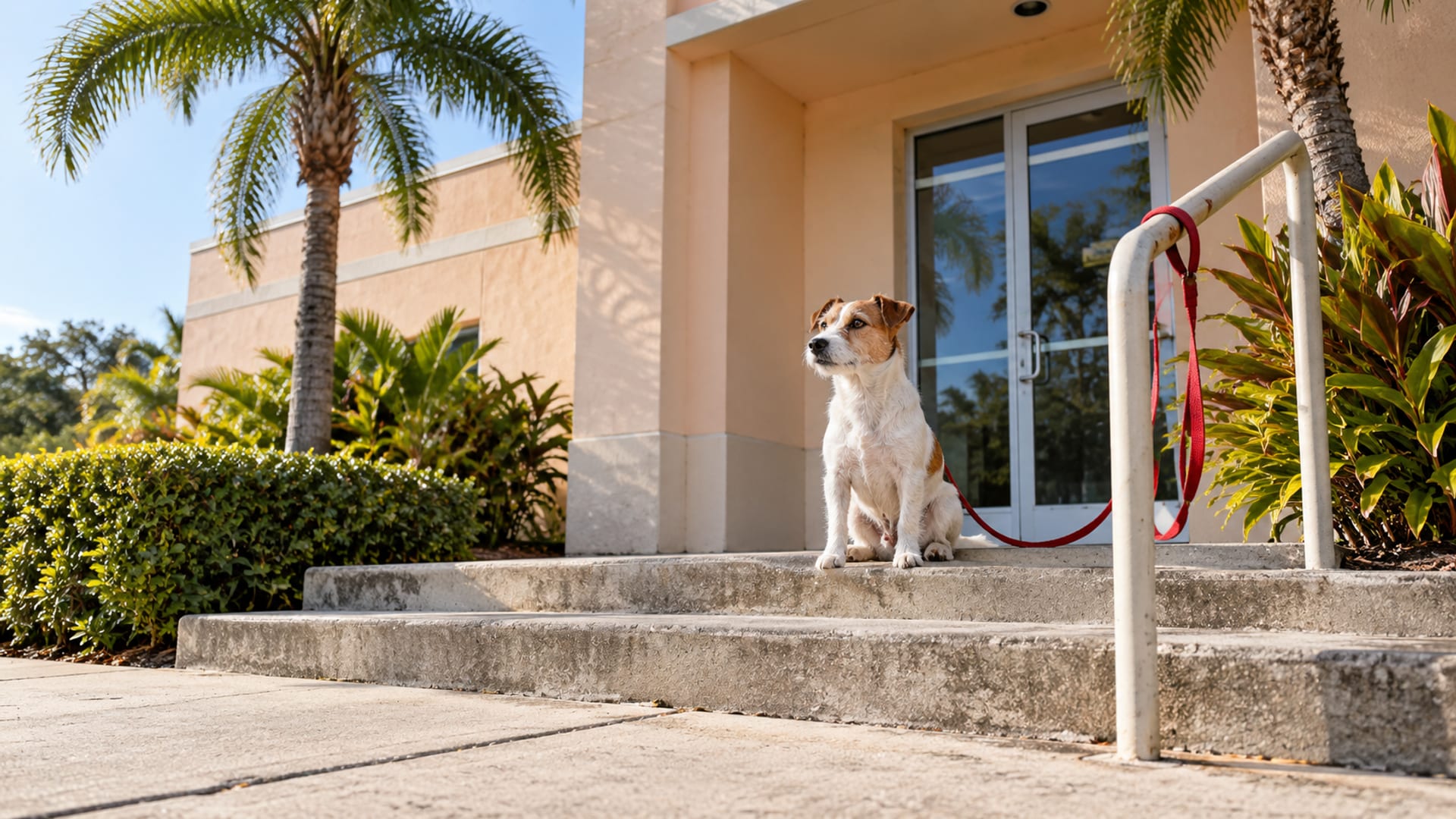 Jack Russell terrier sitting on the concrete steps of a pale peach stucco office building with palm trees and a closed glass door