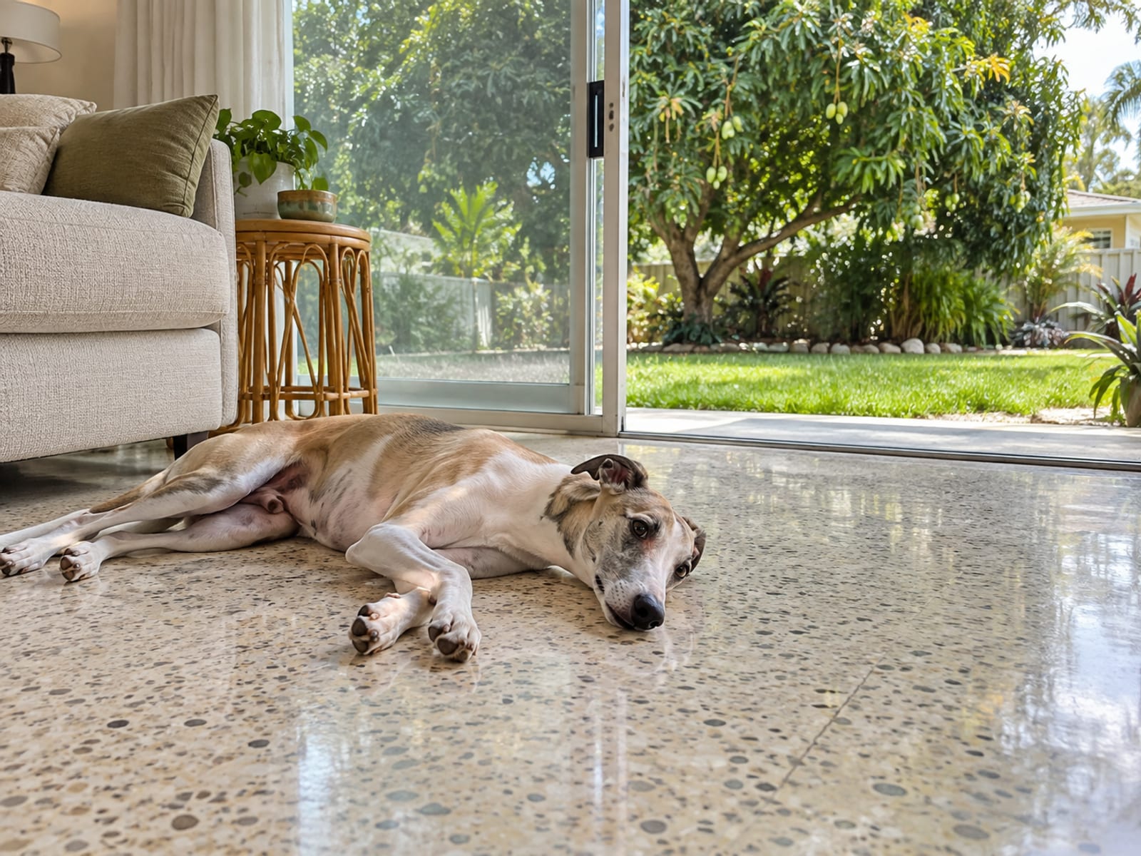 Whippet descansando sobre azulejo de terrazo en una sala, con una puerta corrediza de vidrio abierta a un patio con un árbol de mango