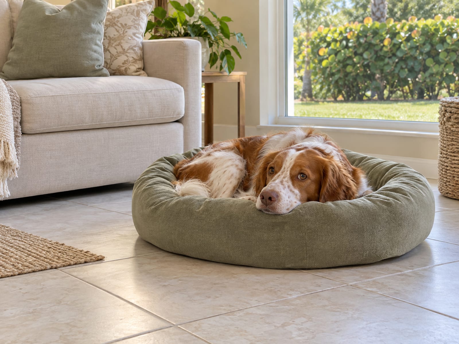 Brittany spaniel resting on a clean dog bed in a bright family room with tile floors and a window onto a green yard