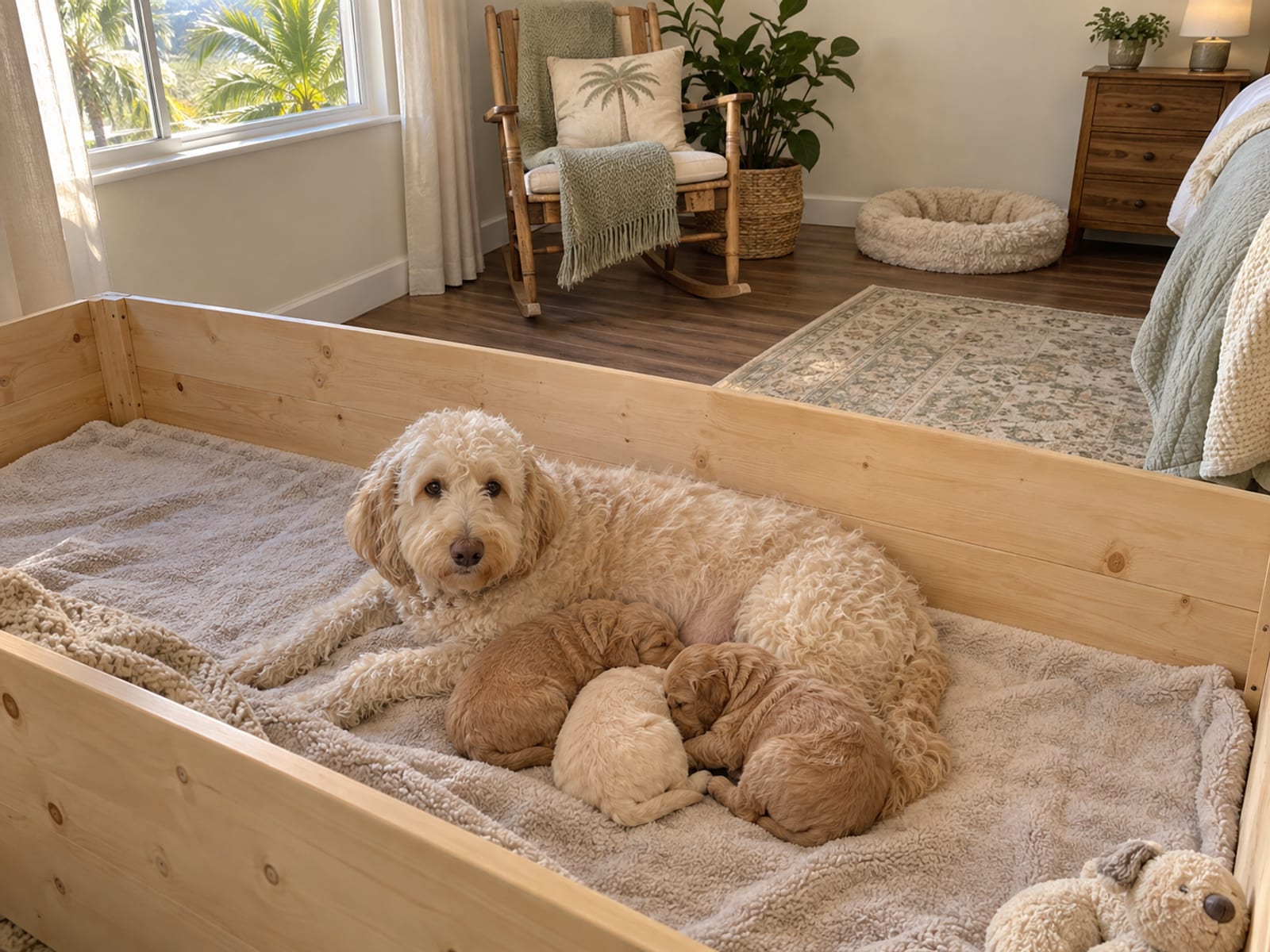 Labradoodle mother resting in a large clean whelping area with low wooden sides and three puppies asleep against her