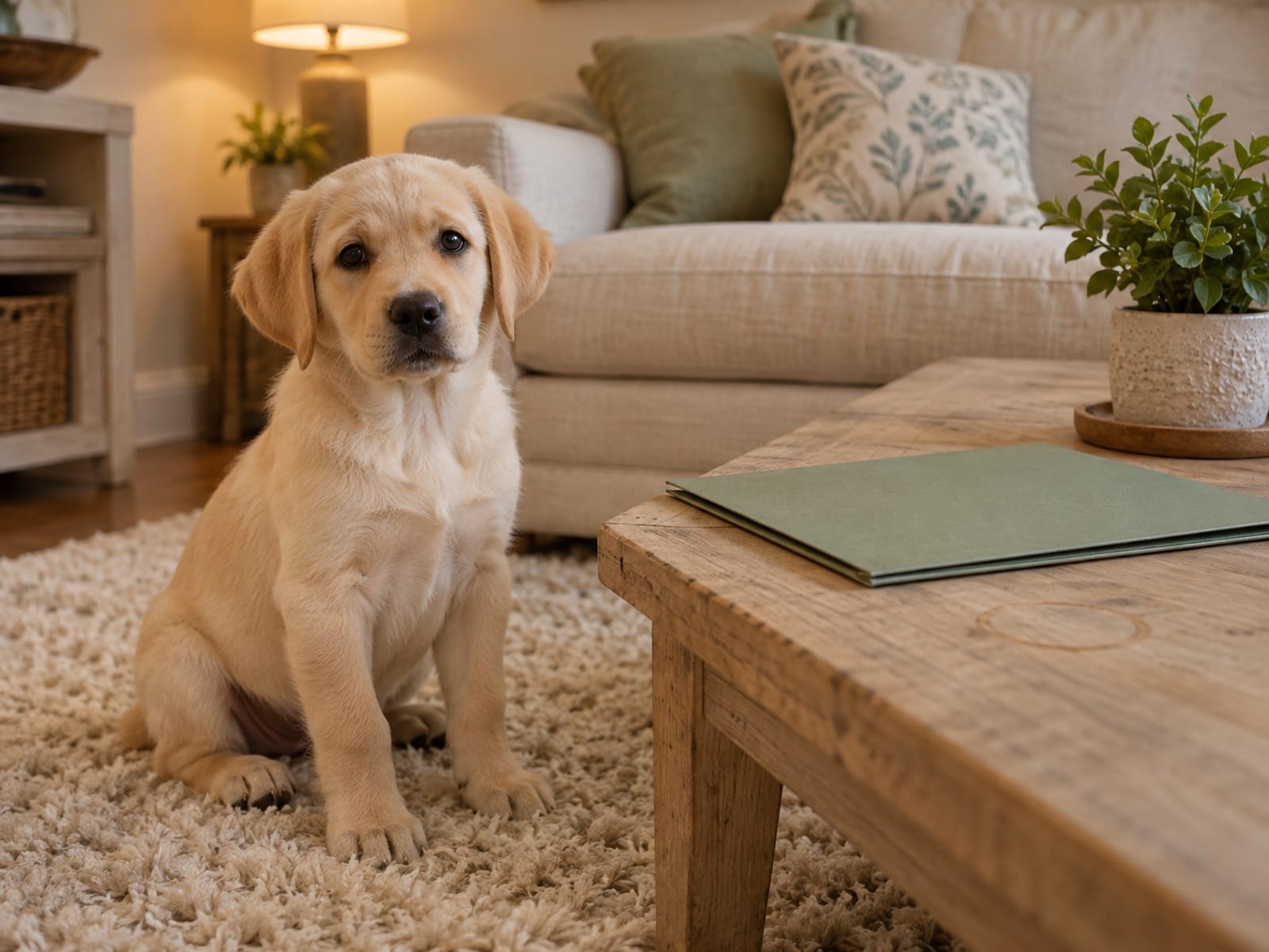 Eight-week-old yellow Labrador puppy sitting on a soft rug beside a plain closed folder on a low table