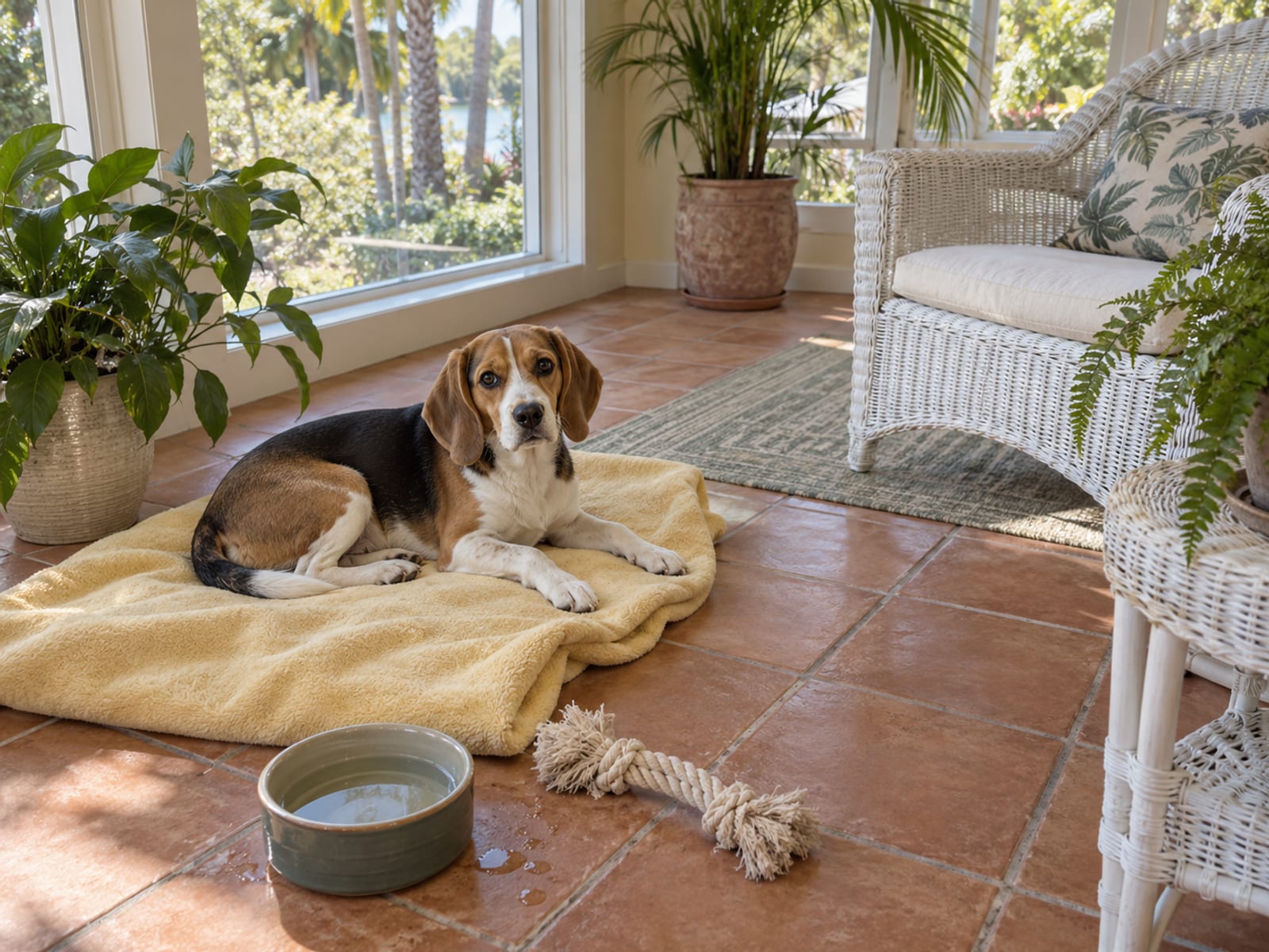 Young beagle lying calmly on a clean blanket in a spacious sunroom with a water bowl and a plain chew toy