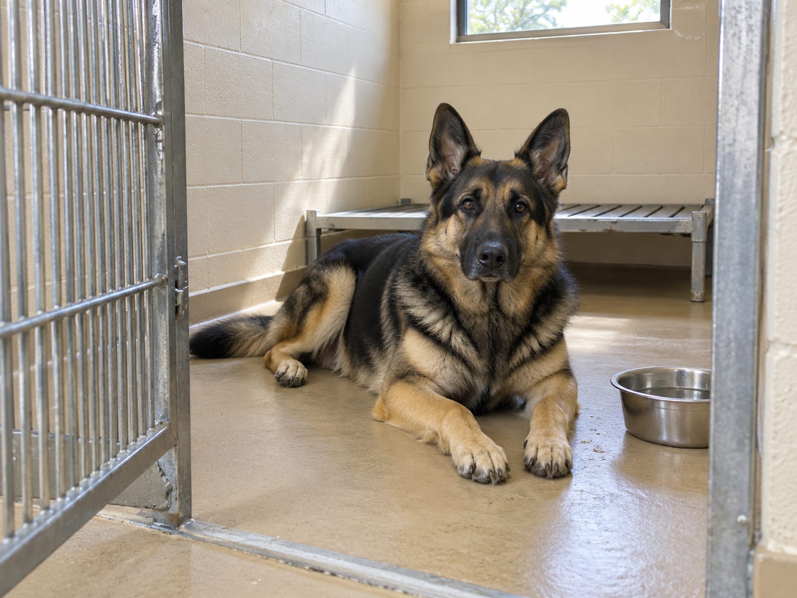 Black and tan German shepherd lying calmly in a clean, quiet kennel run with its door open and a full water bowl beside it, daylight from a high window