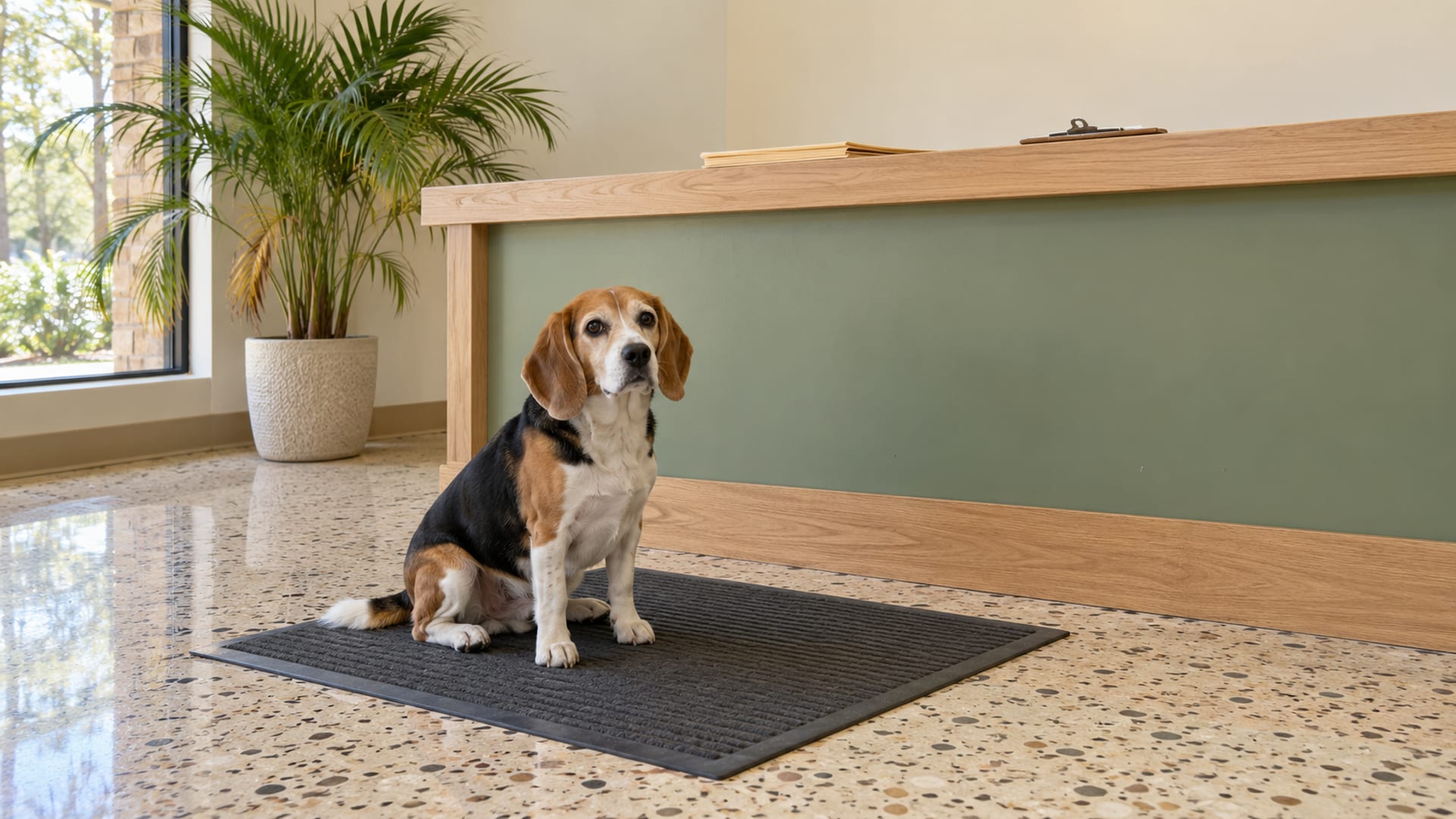 Tricolor beagle sitting on a rubber mat in front of the intake counter of a tidy boarding lobby with terrazzo floors, a closed folder and a bare clipboard on the counter