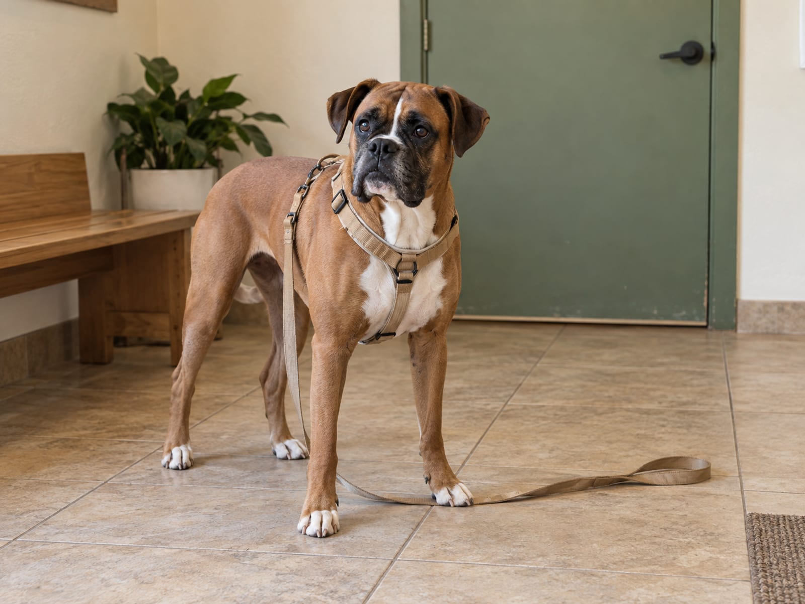 Fawn boxer standing in a tidy dog daycare lobby with a leash trailing slack from its harness onto the tile and a plain closed door behind it