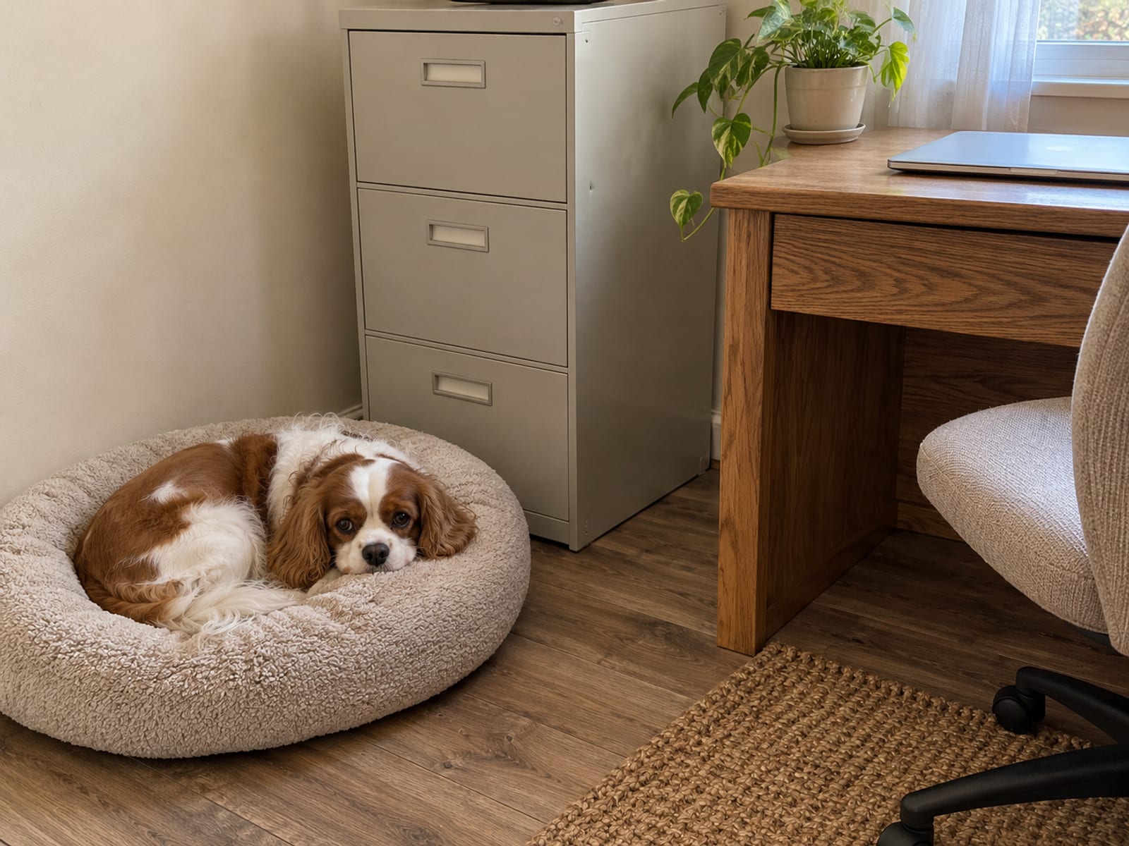 Blenheim Cavalier King Charles spaniel resting on a dog bed beside a closed filing cabinet and a desk with a closed laptop in a small office
