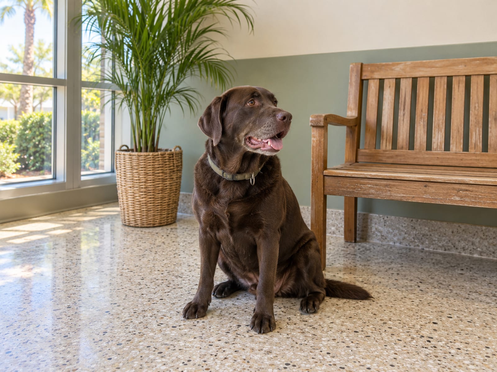 Chocolate Labrador retriever sitting calmly on a terrazzo floor in a bright veterinary waiting area beside a plain wooden bench and a potted palm