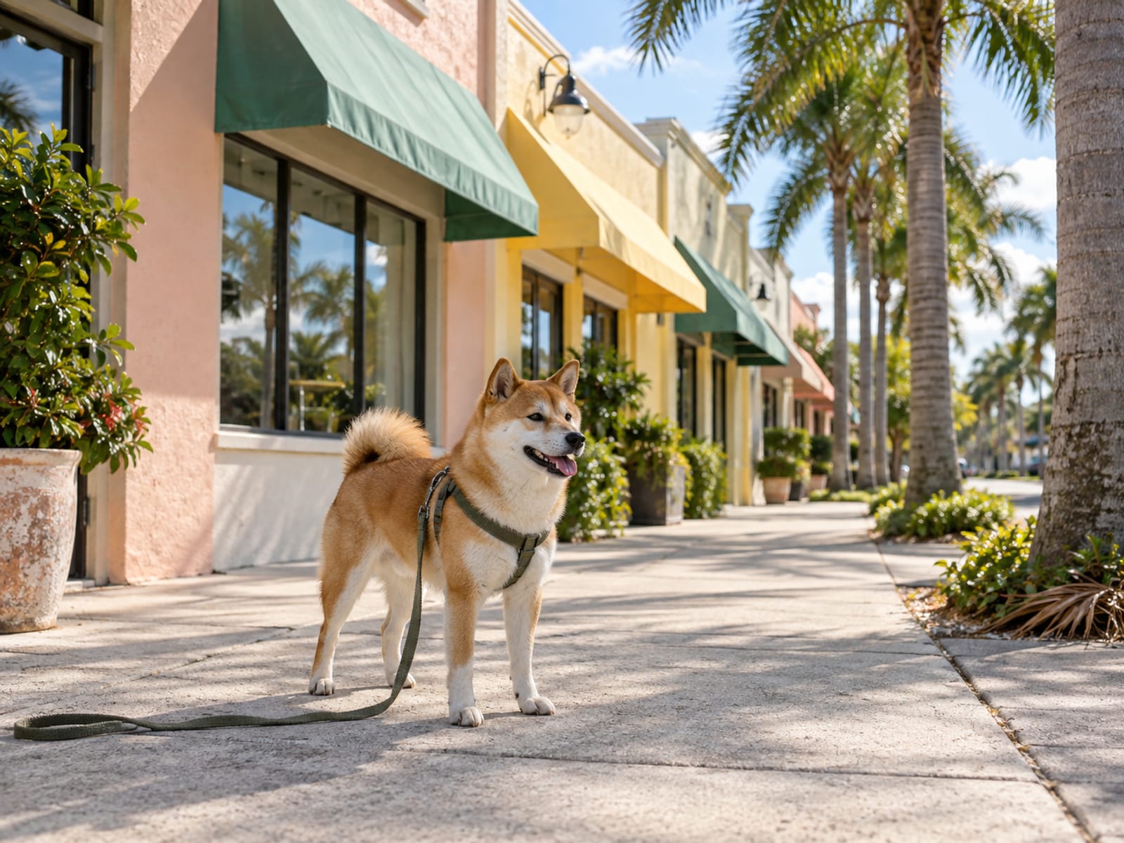 Shiba Inu on a slack leash on a palm-lined sidewalk outside a pastel strip of shops with plain awnings