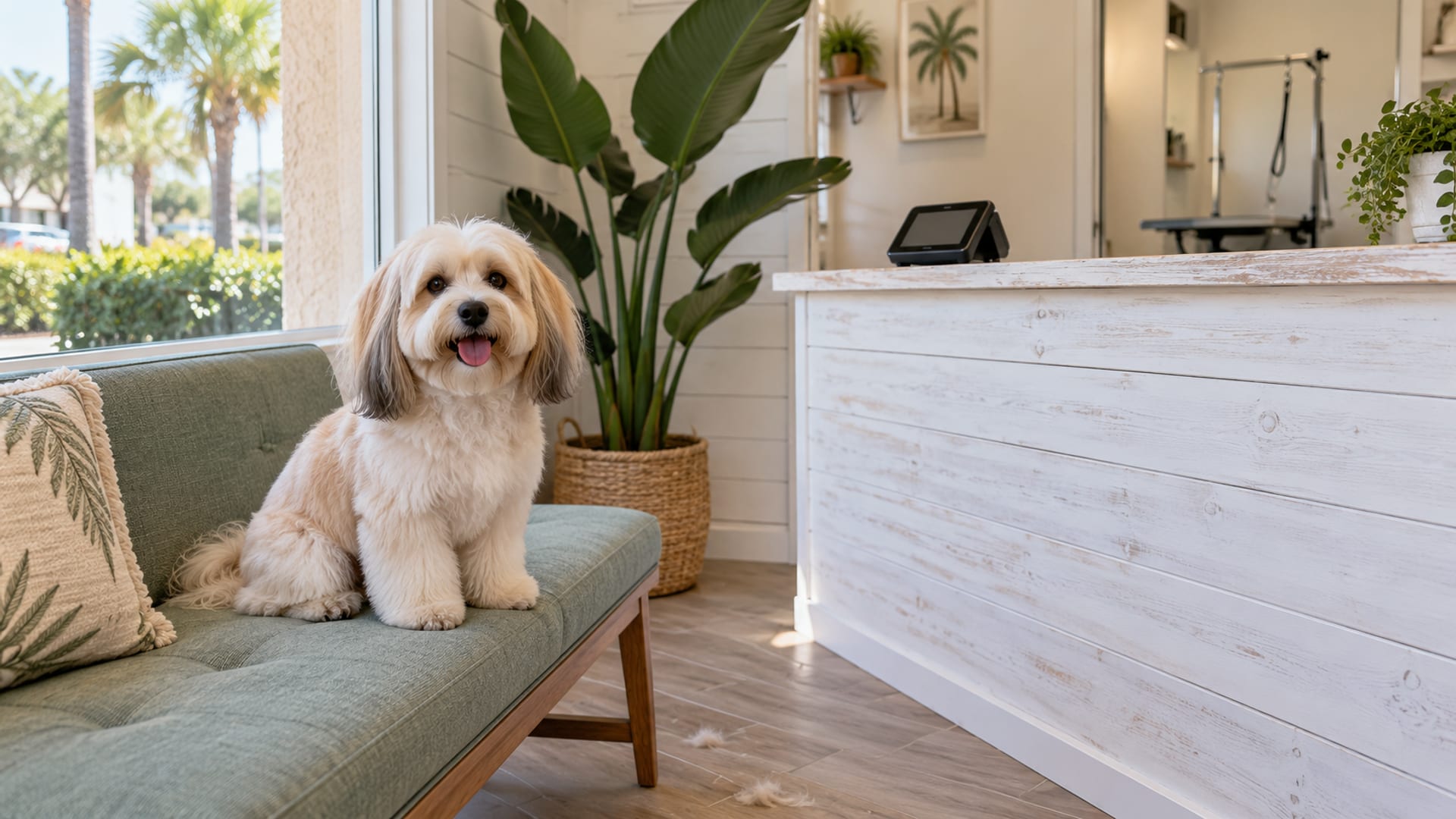 Freshly groomed Havanese sitting on a padded bench beside the front counter of a bright coastal grooming shop