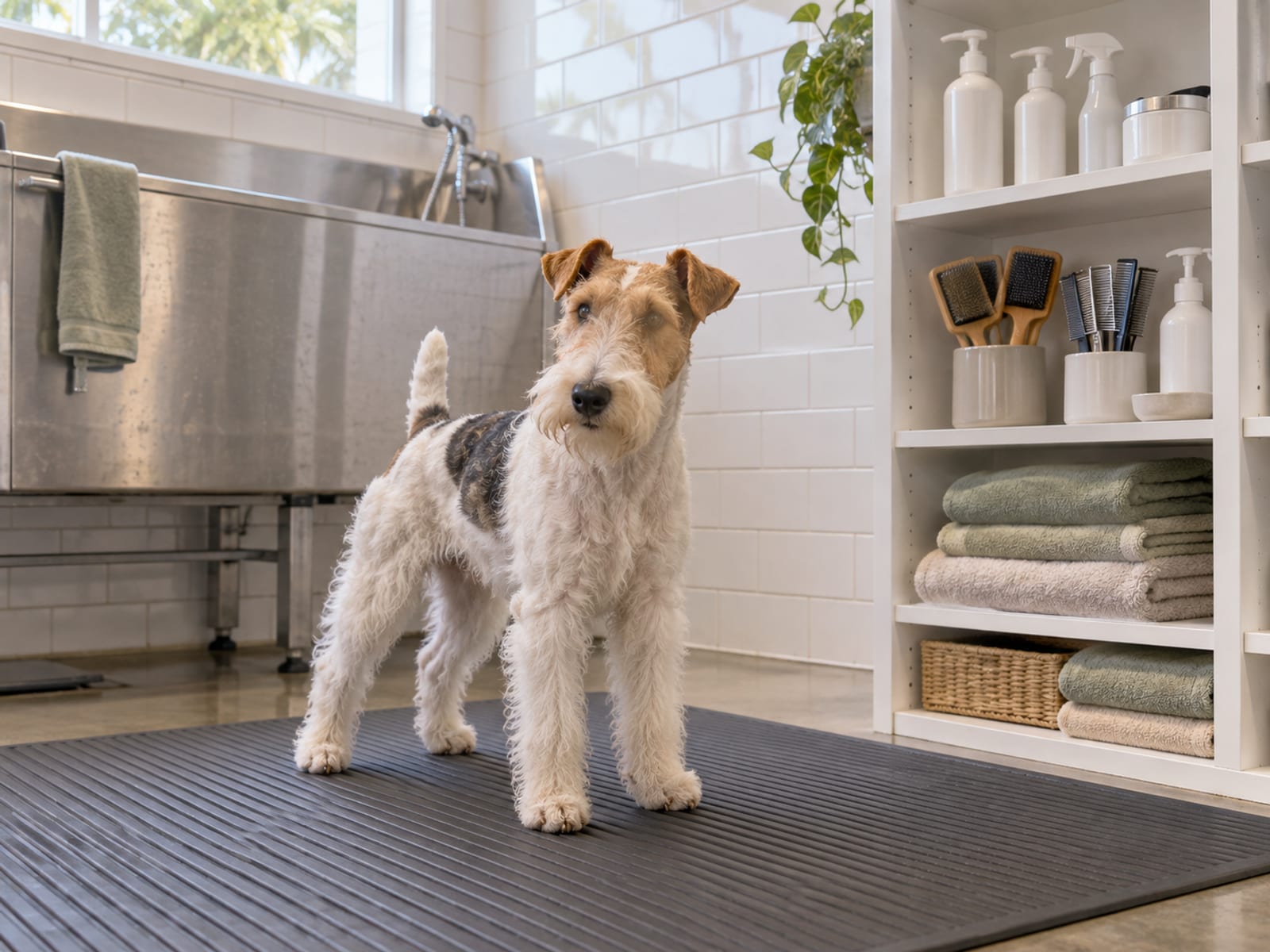 Wire fox terrier standing on a non-slip mat in a clean grooming room beside a shelf of plain bottles, brushes and towels