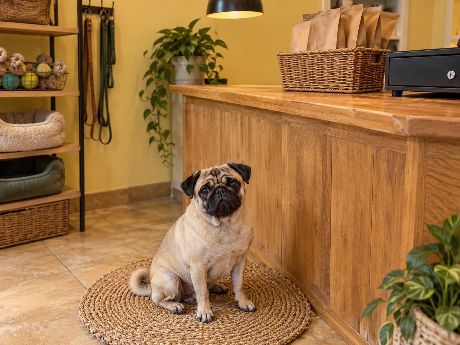 Pug sitting on a woven mat by a shop counter with a basket of plain treat bags and a closed register drawer