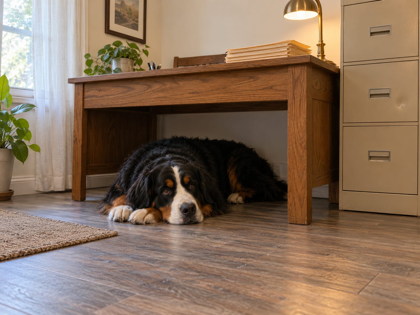 Bernese mountain dog lying under a desk in a small back office with a closed filing drawer and plain folders
