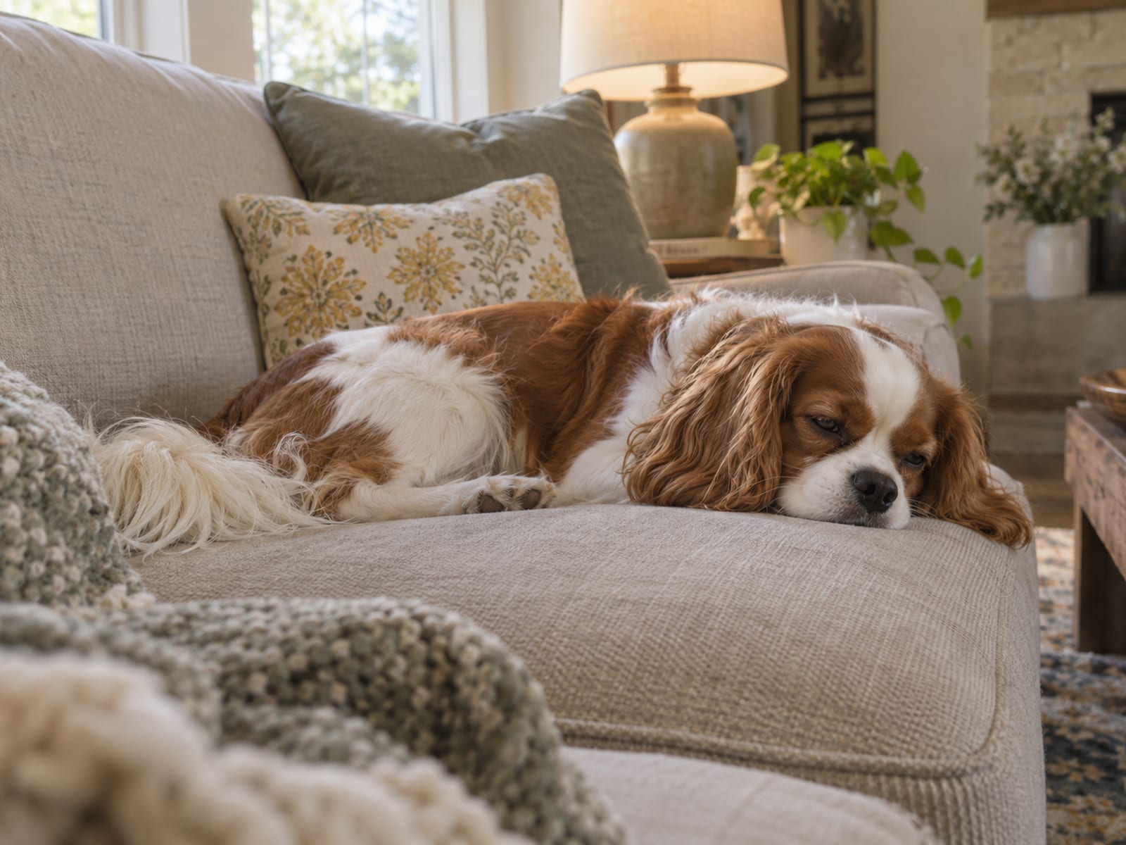 Cavalier King Charles spaniel dozing on a sofa cushion in a quiet living room
