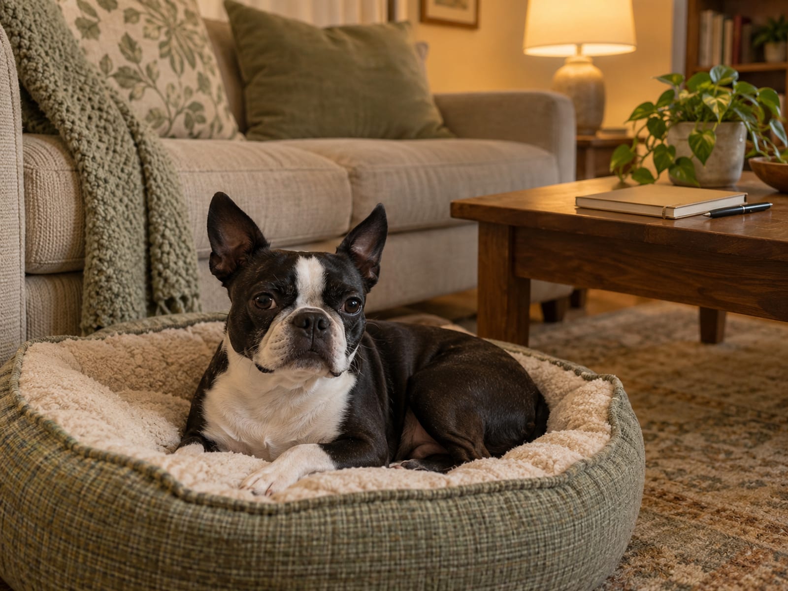 Boston terrier lying on a dog bed beside a sofa with a closed notebook on the coffee table