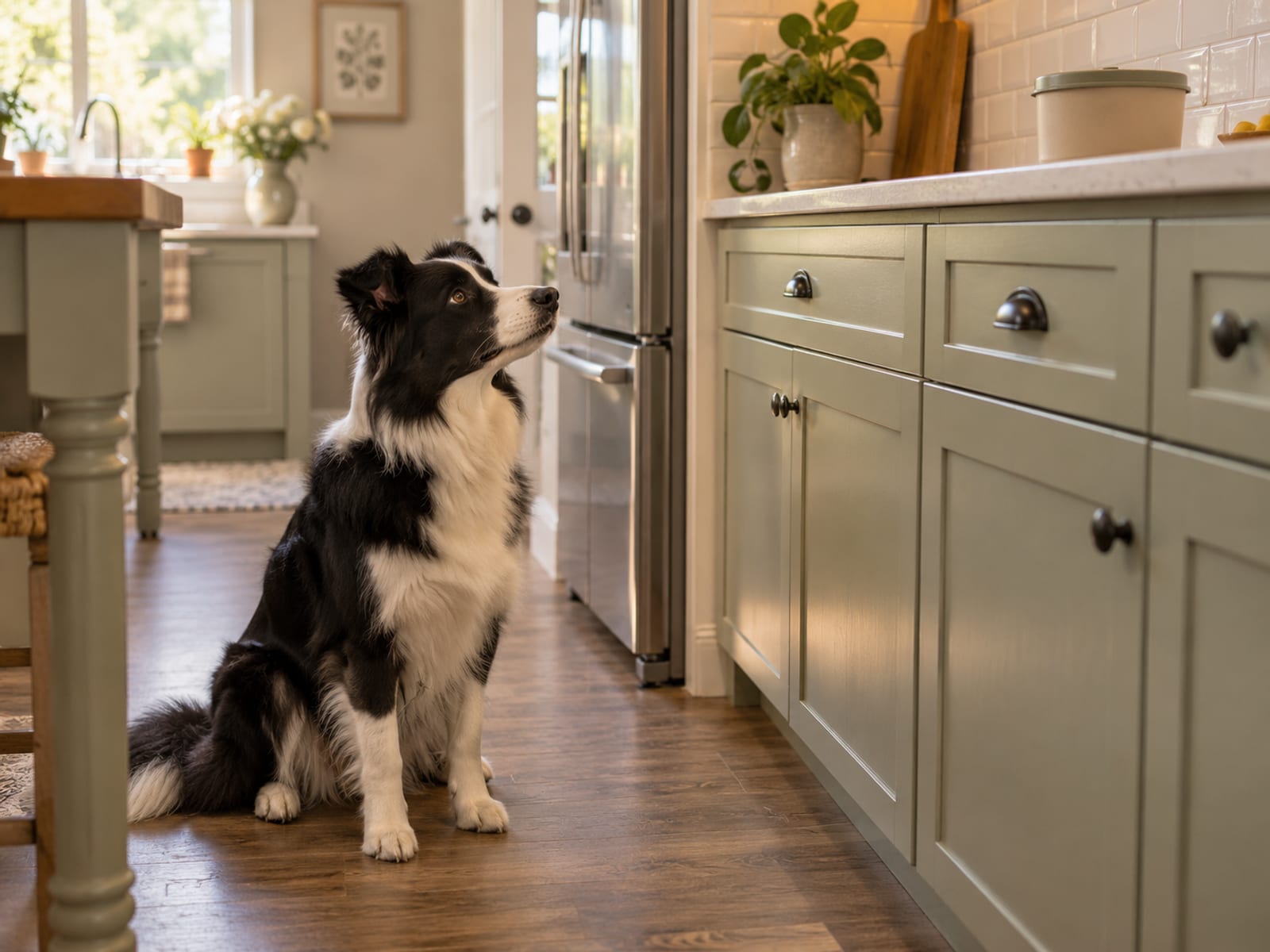 Border collie sitting on a kitchen floor looking up at a high counter with a lidded container pushed back