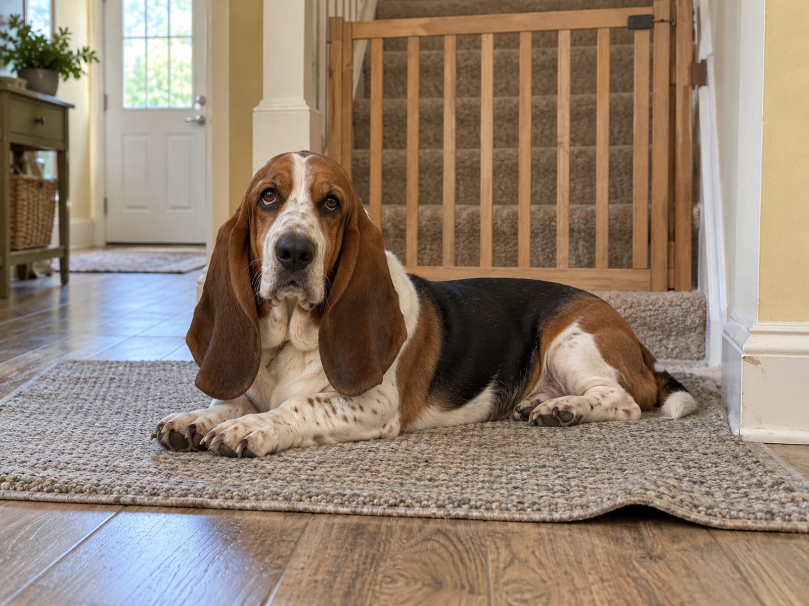 Basset hound resting on a non-slip rug at the bottom of a staircase blocked by a baby gate