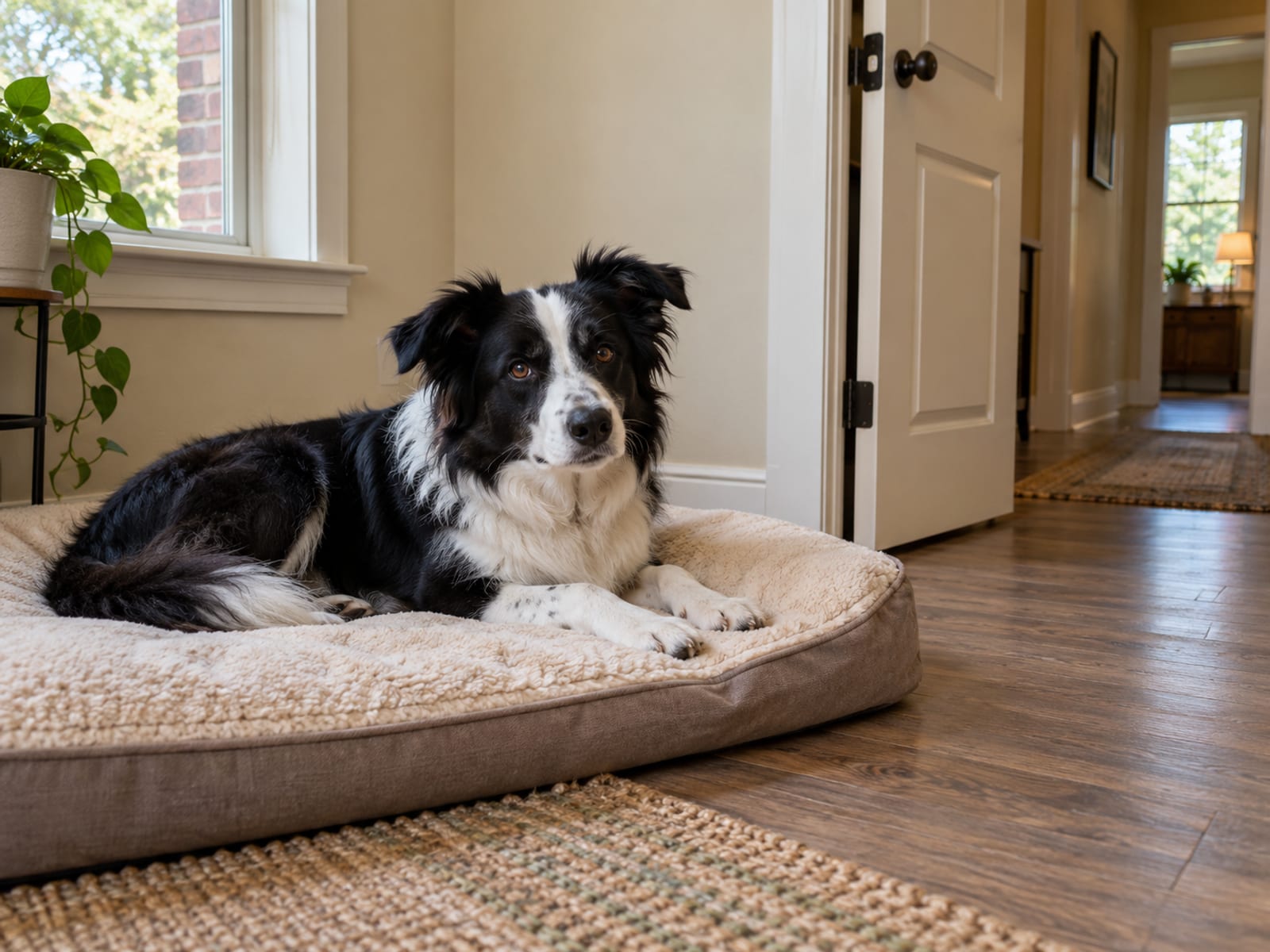 Border collie lying quietly on a plain dog bed in a calm spare room of a Georgia brick home with the door ajar to a hallway