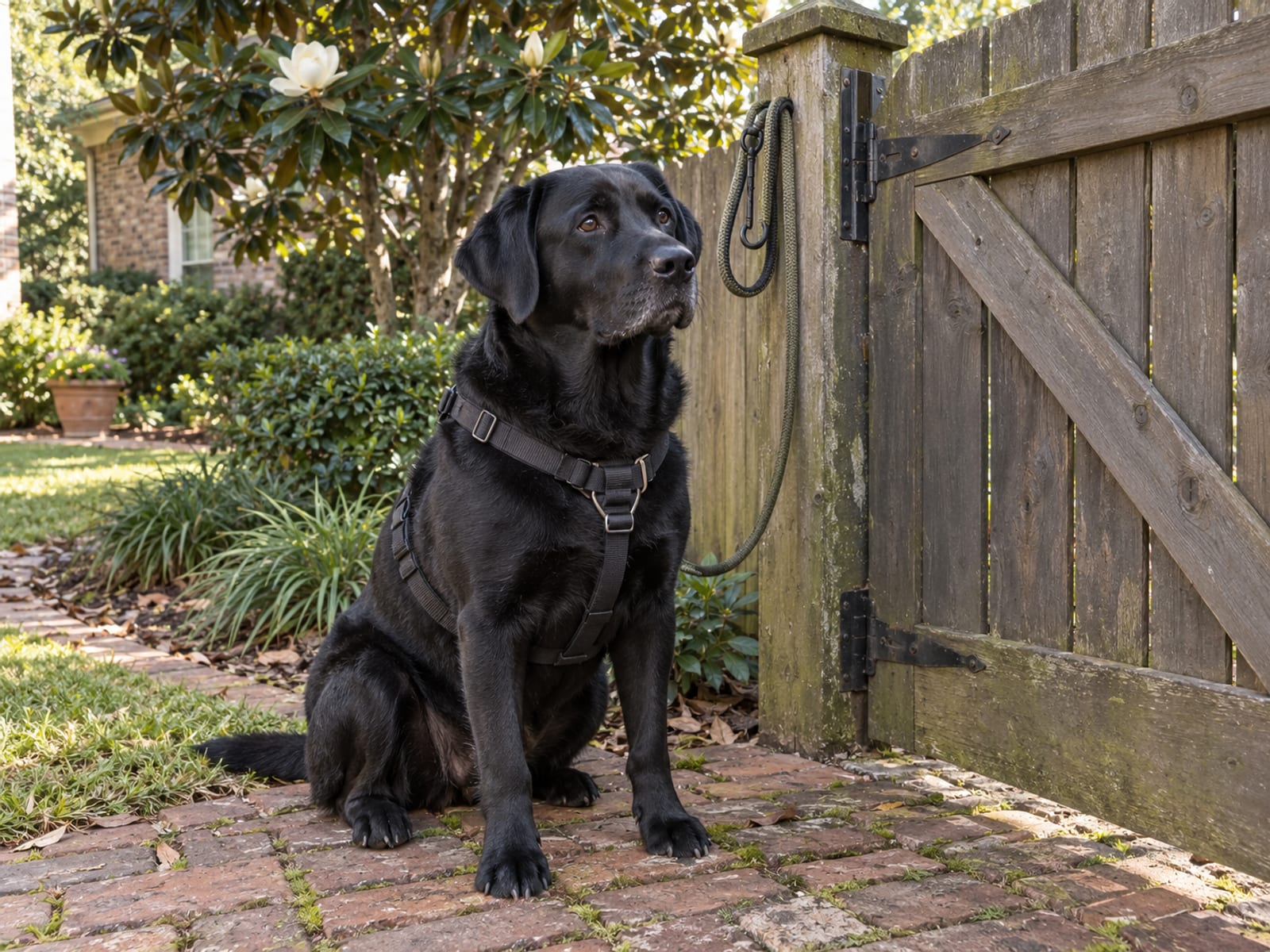 Black Labrador retriever in a plain harness sitting on a brick walkway beside a closed wooden gate with a leash looped over the gate post and a magnolia tree behind