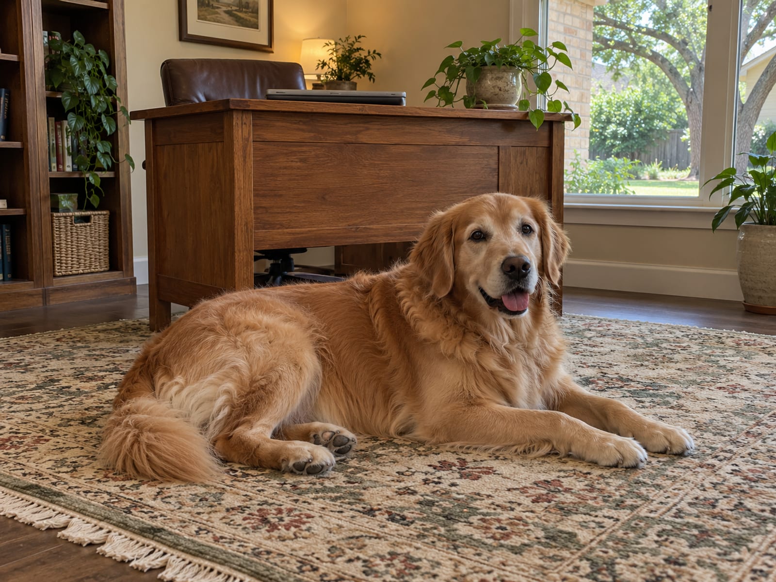 Golden retriever lying on a patterned rug beside a plain wooden desk with a closed laptop and a small potted plant in a home office with a green yard beyond the window