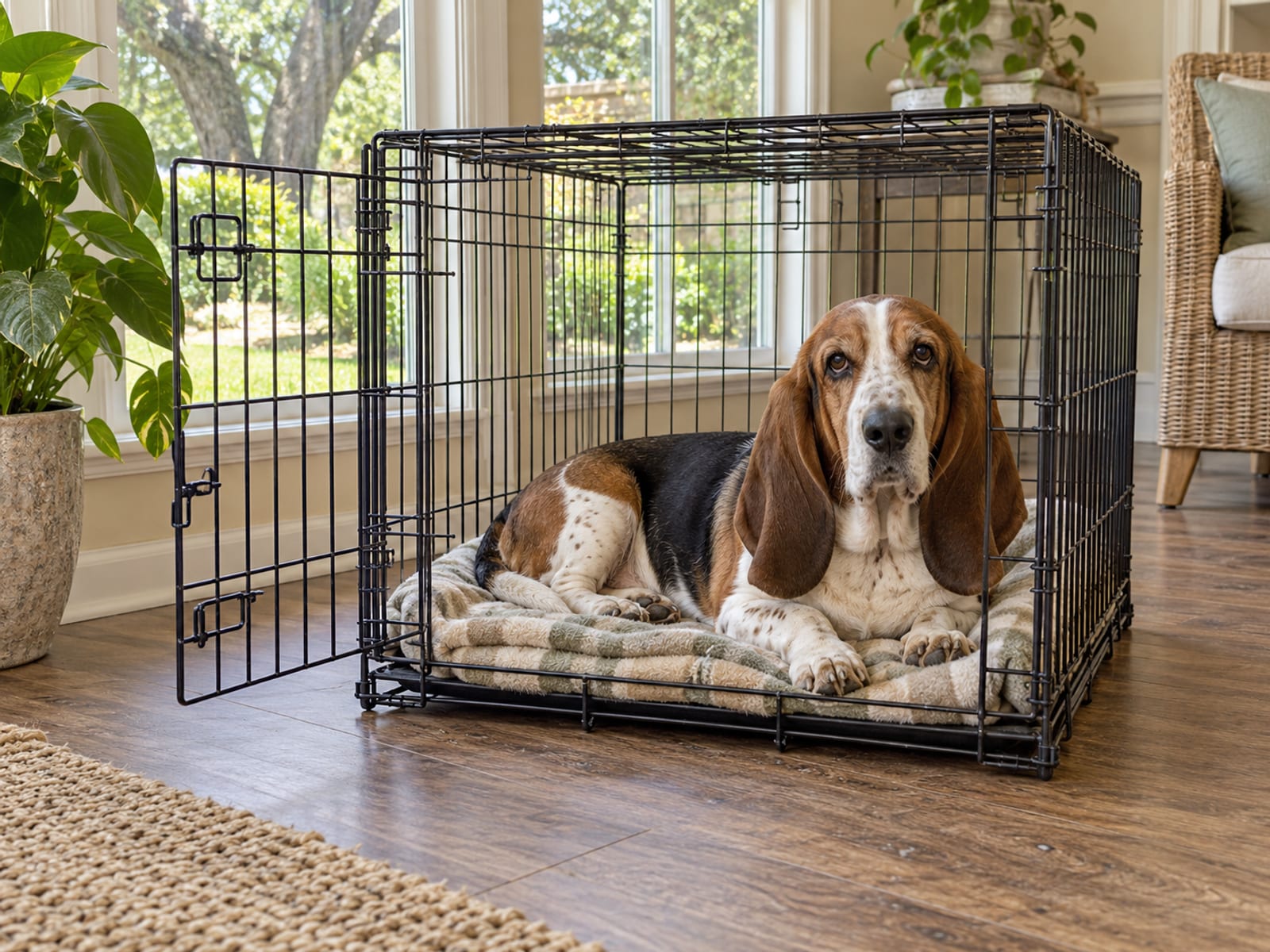 Basset hound resting on a folded blanket inside an open wire crate on a wood floor in a tidy sunroom with the crate door standing open
