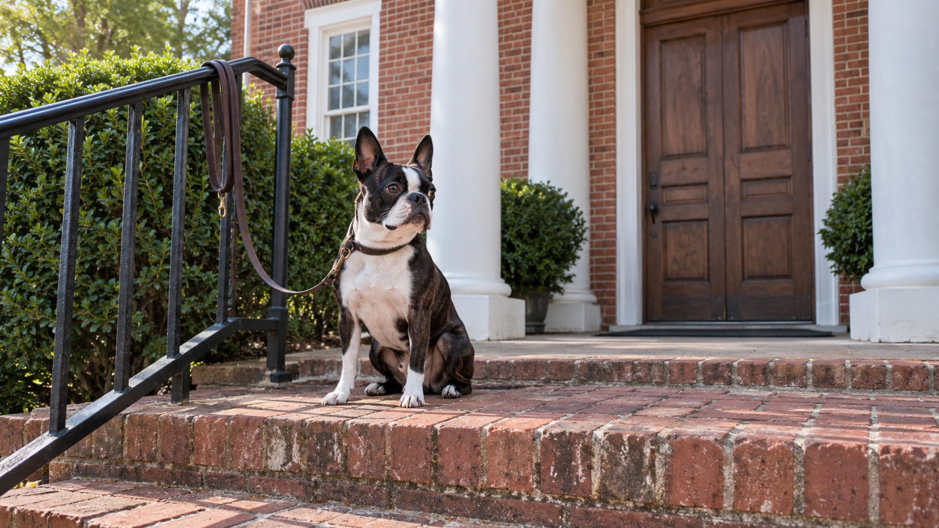 Boston terrier sitting on the brick steps of a small red brick county office building with white columns and a closed wooden door